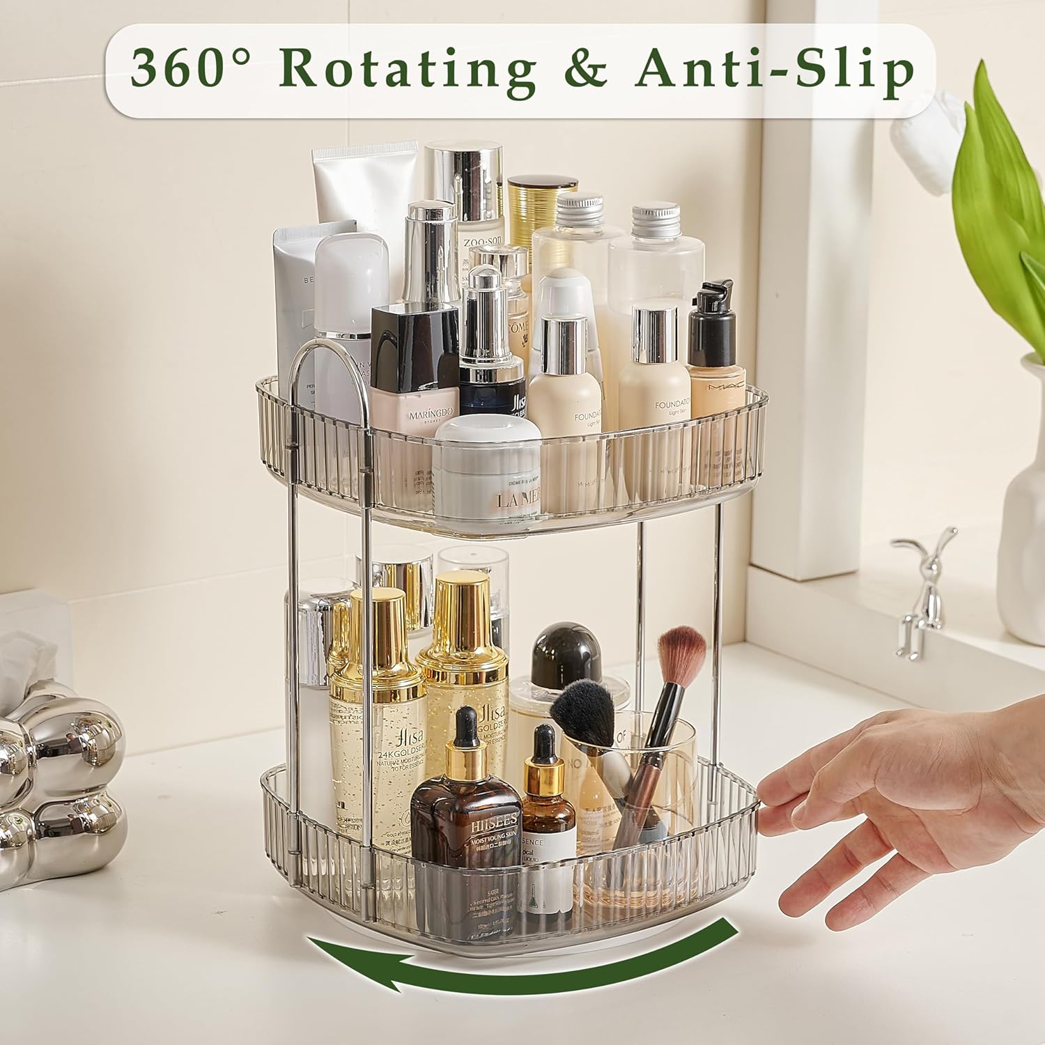 CICUFY Organizador de maquillaje giratorio cuadrado Organizador de contador de baño para cosméticos de cuidado de la piel de perfume – Gris 2 niveles