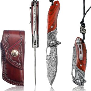 VNLA Exquisito cuchillo de bolsillo plegable de acero de Damasco Japón Praxis, cuchillo plegable de hoja VG10, con funda de cuero hecho a mano, clip VNLA Exquisito cuchillo de bolsillo plegable de acero de Damasco Japón Praxis, cuchillo plegable de hoja VG10, con funda de cuero hecho a mano, clip