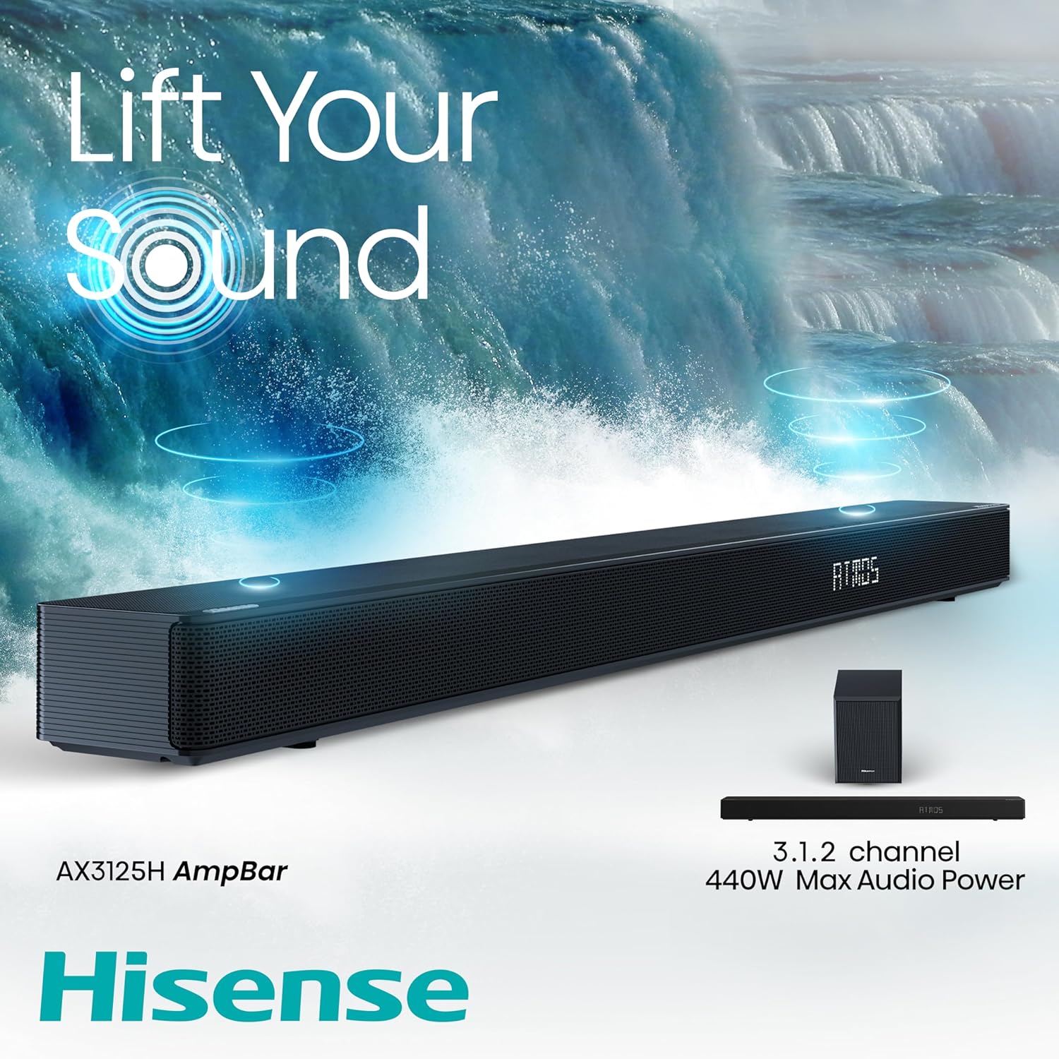 Hisense AX3125H Barra de sonido 3.1.2Ch con subwoofer inalámbrico, 440W, Dolby Atmos, Bluetooth 5.3, EzPlay, paso HDMI 4K a través de, listo para TV