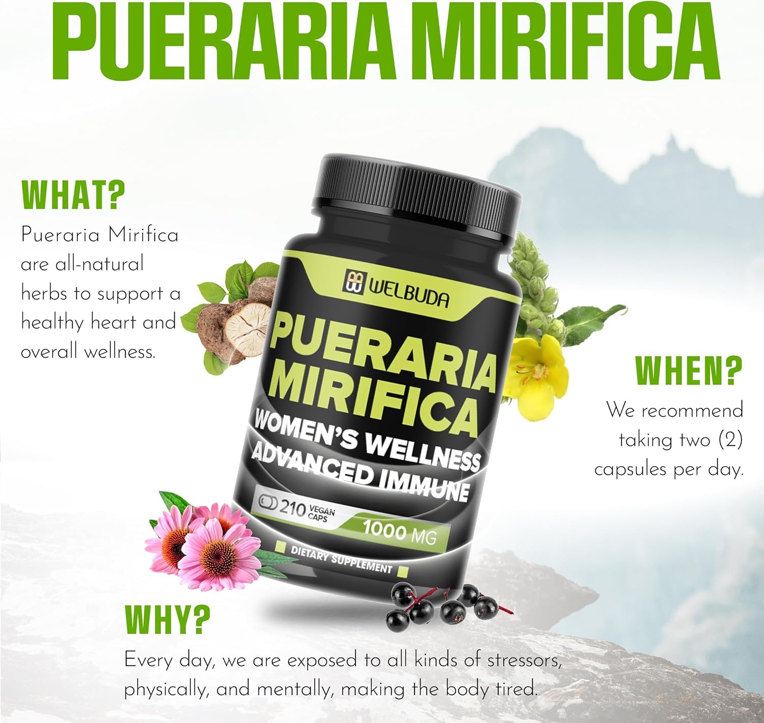 Cápsulas Pueraria Mirifica de 1000 mg con raíz de maca, raíz de Tongkat Ali, saúco, equinácea y más, apoya el bienestar de las mujeres de forma