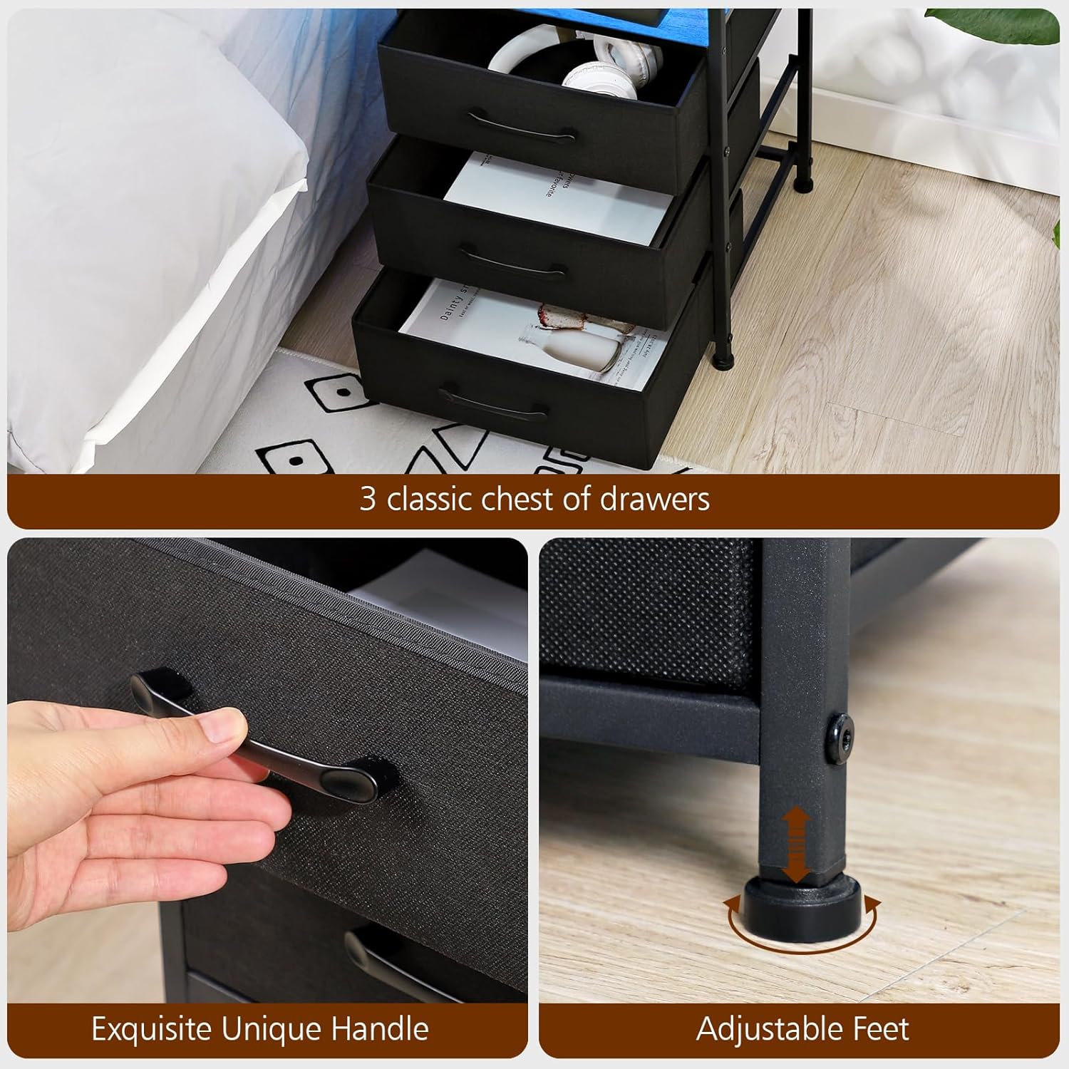 Juego de 2 mesitas de noche, mesa auxiliar con estación de carga, mesita de noche de mesa ancha con tira de luz LED para dormitorio HNS013BK
