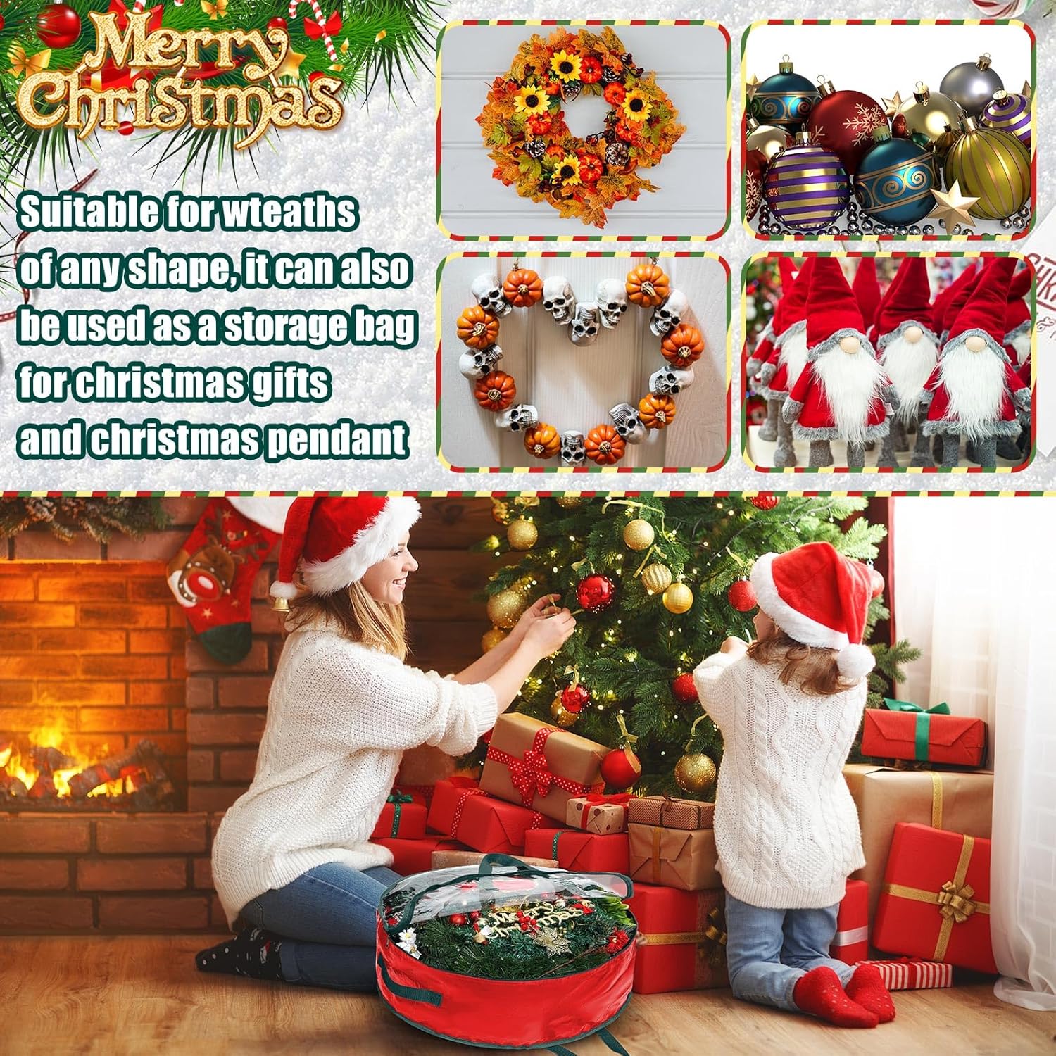 Shappy Bolsa de almacenamiento de corona de Navidad, contenedores de almacenamiento de plástico para coronas, contenedor de coronas, decoración de
