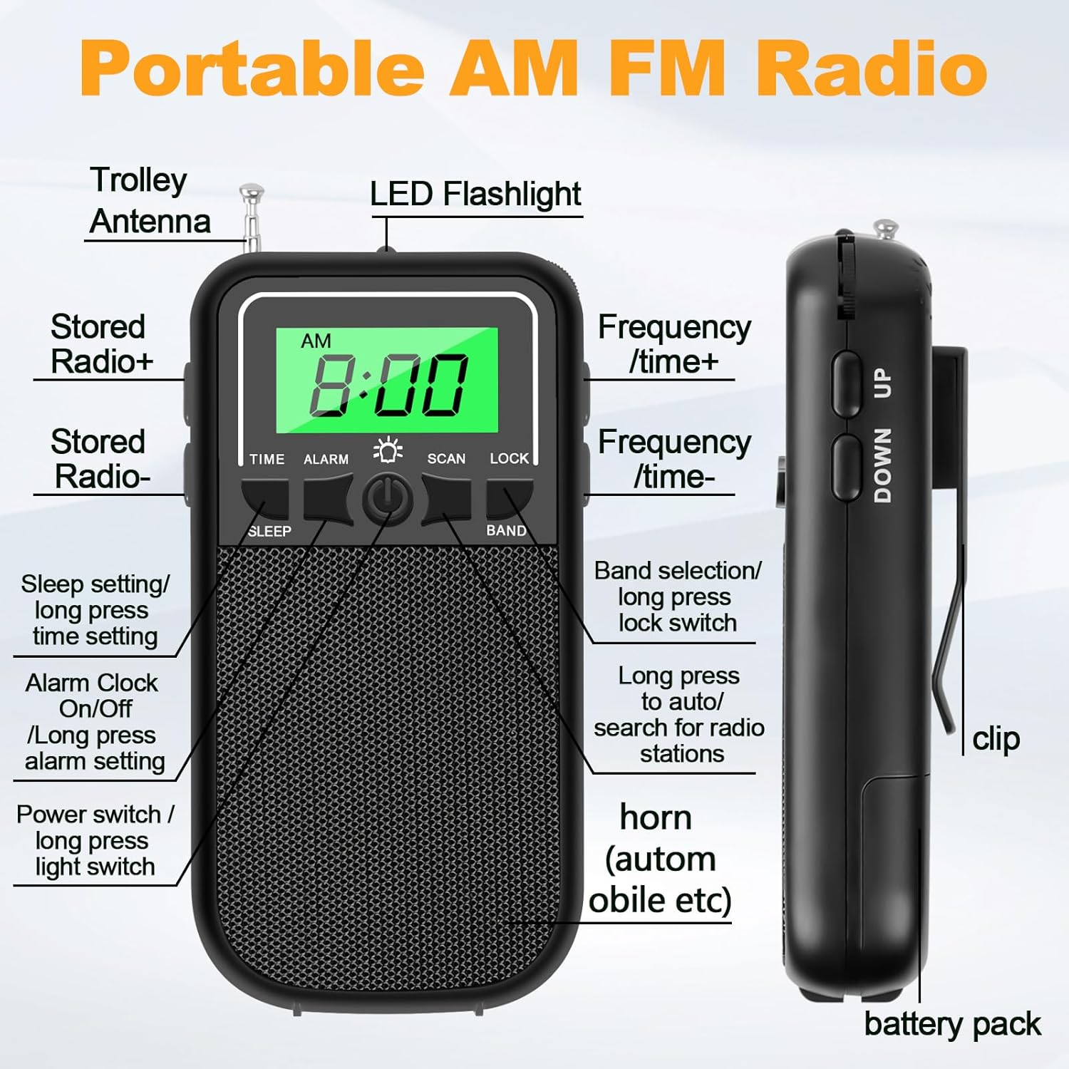 Radio portátil AM FM SW, radio transistor con linterna LED, radio a batería 2AA para recepción de largo alcance, radio Walkman de bolsillo de