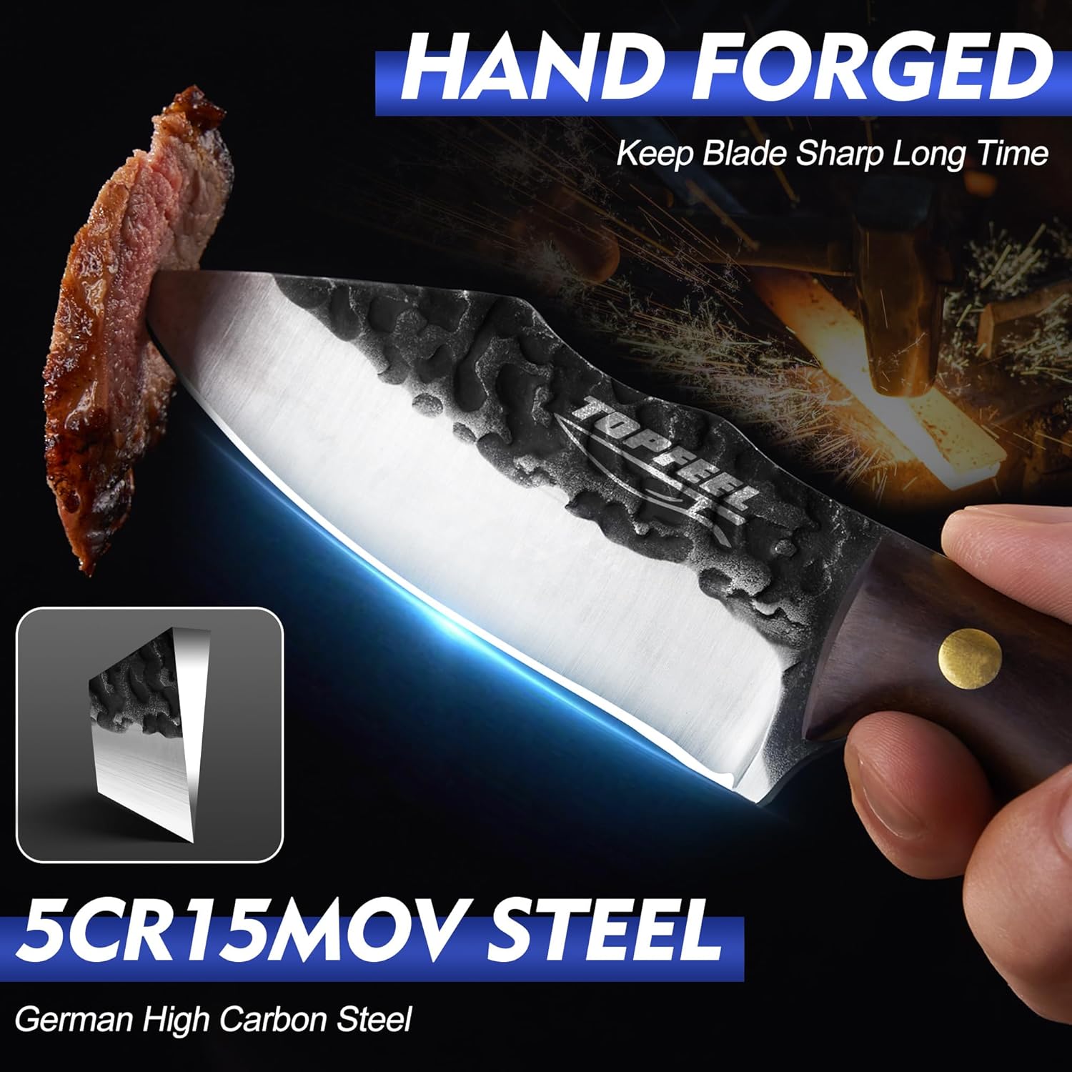 Topfeel Juego de 3 cuchillos vikingos con funda forjado a mano, cuchillo de carnicero para carne, cuchillo de cocina japonés para el hogar, al aire