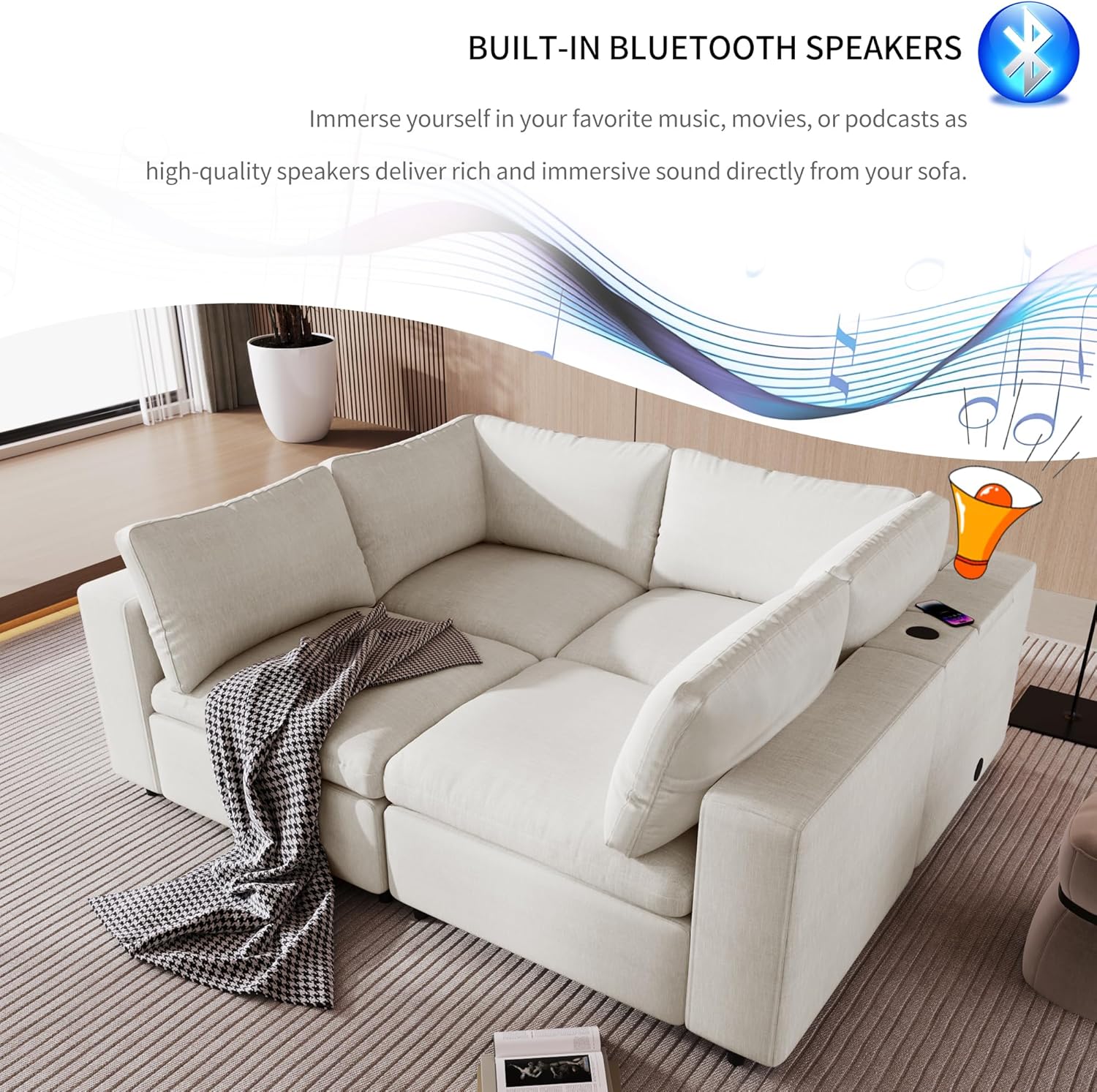 Sofá modular modular en forma de L de 4 plazas con puertos de carga USB, carga inalámbrica y altavoz Bluetooth integrado en el brazo, sofá cama