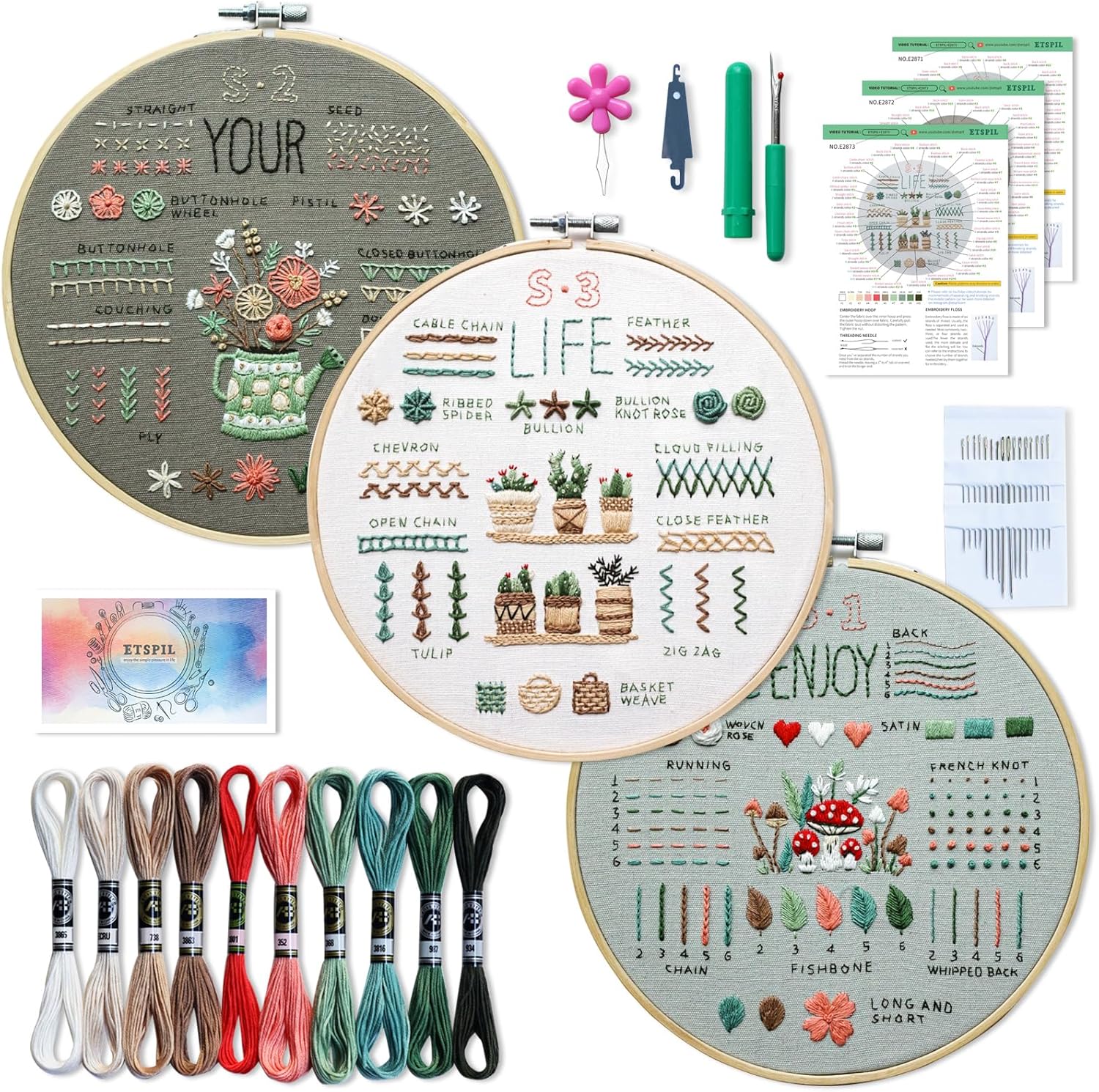 ETSPIL Kit de bordado de 3 juegos para principiantes, kits de plantas para adultos aprenden 33 puntadas diferentes, incluye patrón estampado,