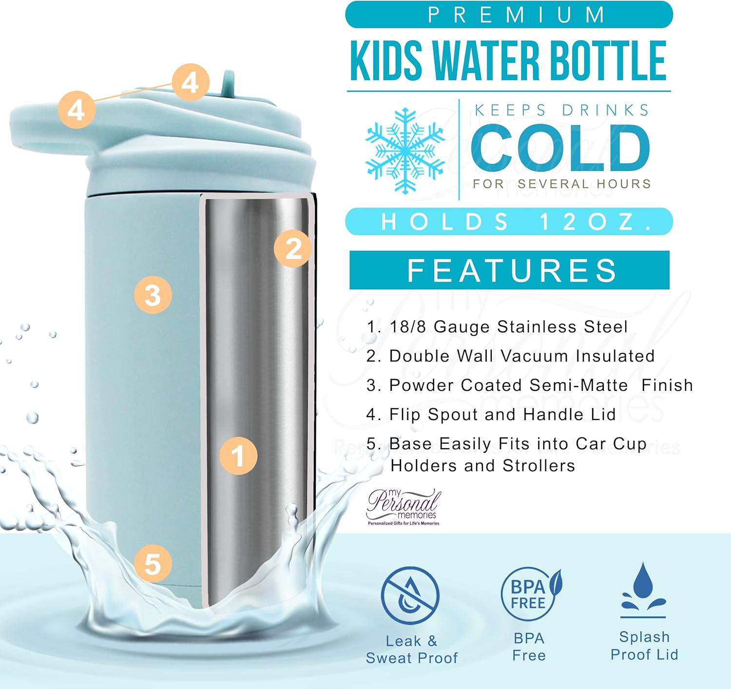 Botella de agua personalizada de 12 onzas para niños con pajilla, vaso aislado de doble pared para niños, niñas, escuela y deportes, grabado con