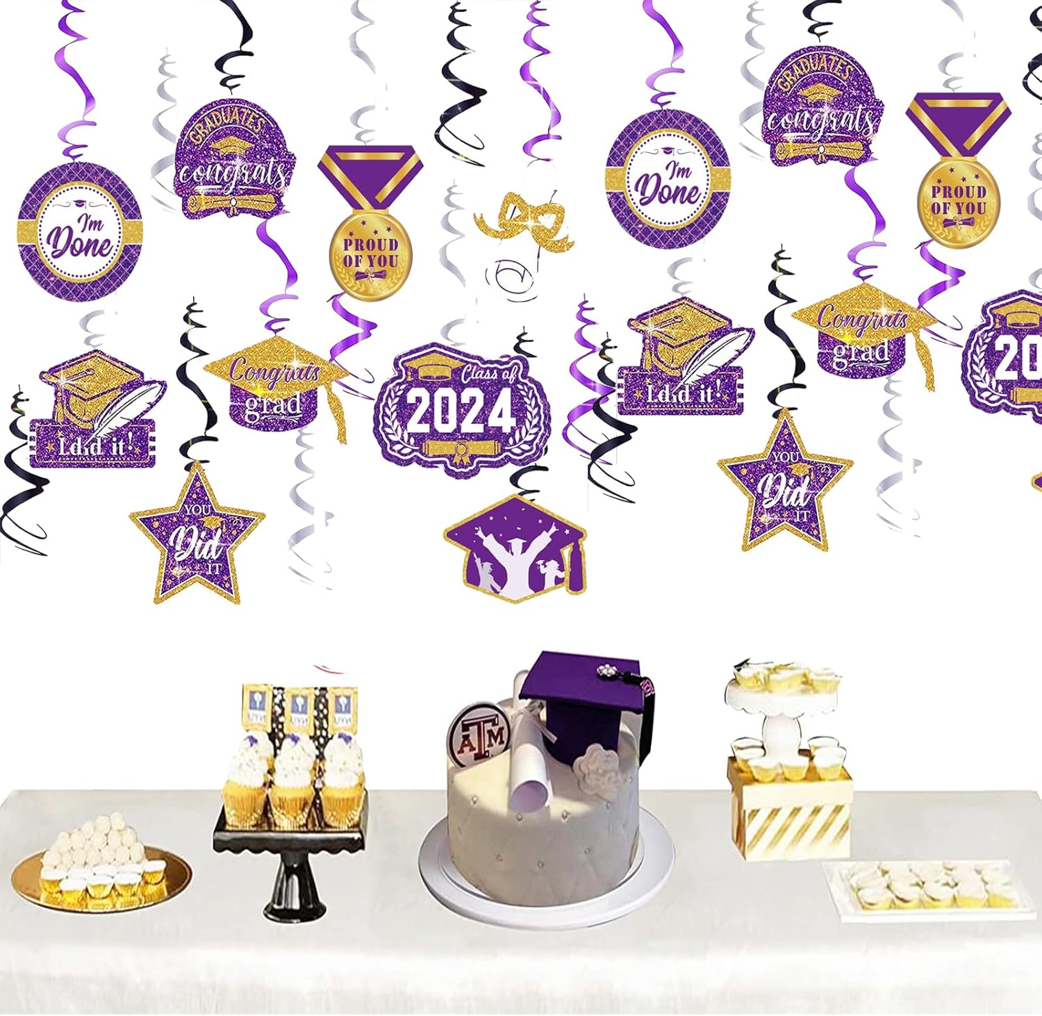 Decoraciones de graduación morado, negro y dorado 2024morado dorado, decoraciones de fiesta de graduación NYU, 15 espirales colgantes de clase de