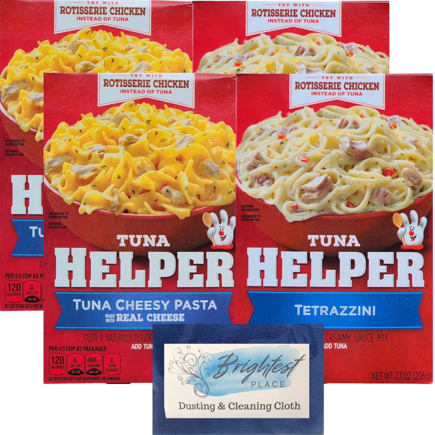 Paquete variado de comida de pasta de tetrazzini con queso y atún en caja, con 4 cajas de ayudante de atún y paño de limpieza Brightest Place