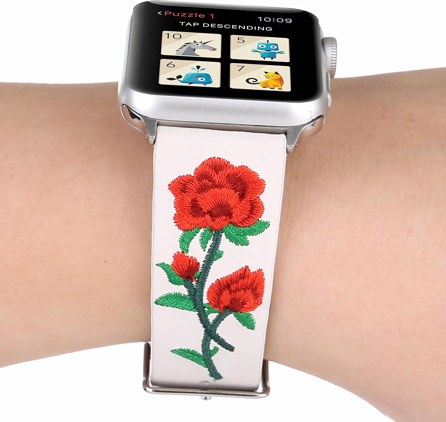 Pulsera de cuero de flores compatible con Apple Watch Band para mujer, linda y colorida floral bohemia con bordados, pulseras de repuesto para