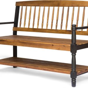 Christopher Knight Home Eddie – Banco de madera de acacia para interiores con estante, acabado de teca y negro Christopher Knight Home Eddie – Banco de madera de acacia para interiores con estante, acabado de teca y negro