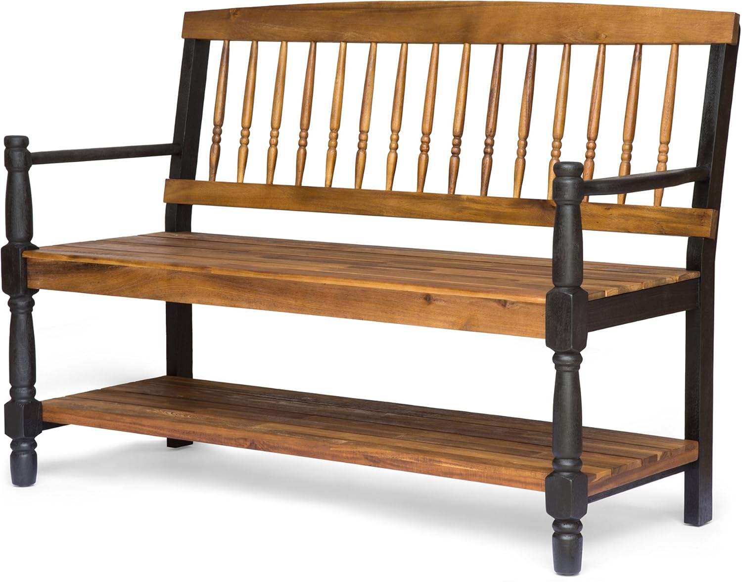 Christopher Knight Home Eddie – Banco de madera de acacia para interiores con estante, acabado de teca y negro