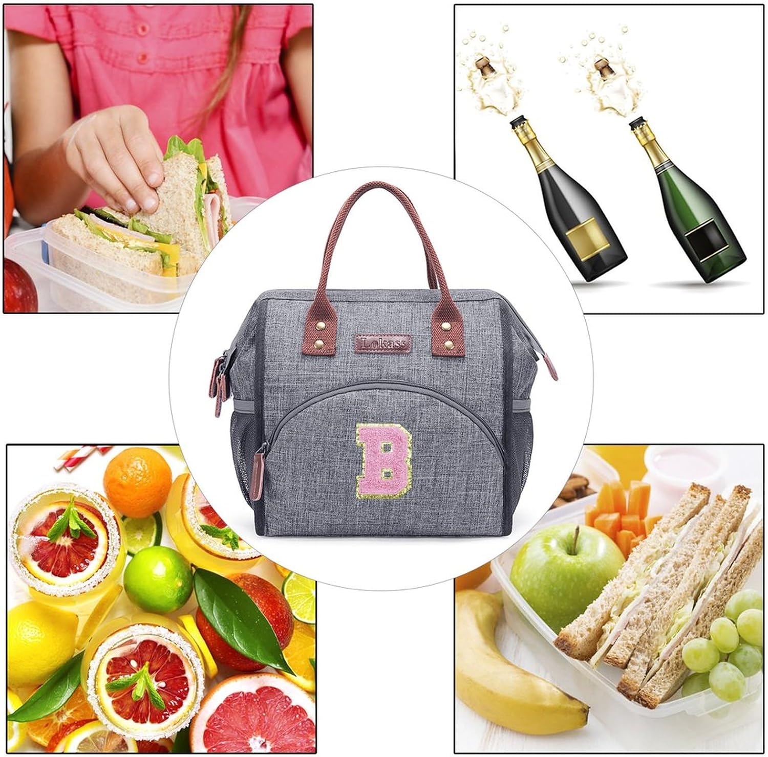LOKASS Lonchera para mujeres, bolsa de almuerzo aislada con inicial para adultos, bolsa de almuerzo reutilizable para el trabajopicnic, regalos