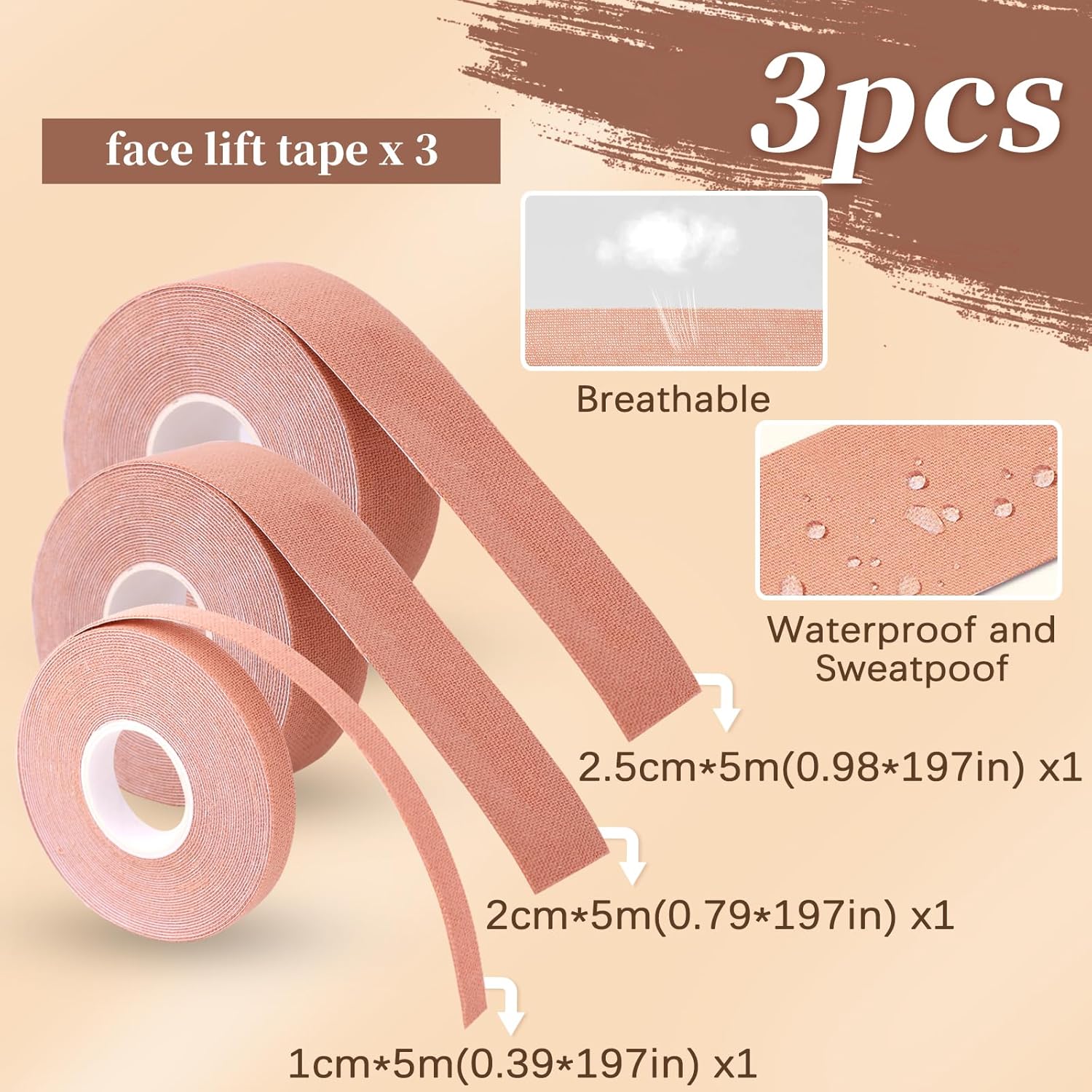 3 rollos de cinta de estiramiento facial instantáneo, parche miofascial facial para tratamiento de arrugas para línea V, levantamiento de piel