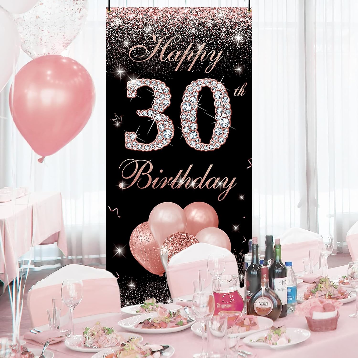 Cartel de fondo de 30 cumpleaños para puerta, color oro rosa, decoraciones de feliz cumpleaños 30 para mujeres, fabuloso cartel de fiesta de