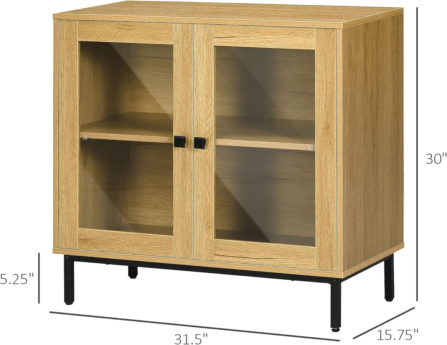 HOMCOM Aparador de buffet, armario de almacenamiento de cocina con puertas de vidrio dobles, bisagras de cierre suave y patas de metal, roble
