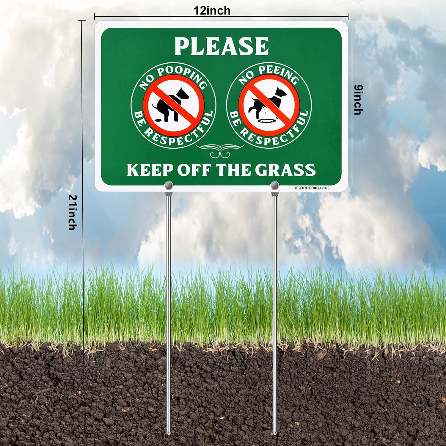 MUXYH Letrero de perro de doble cara con texto en inglés Please Be Respectful, Keep Off The Grass, de construcción de metal, 12 x 9 pulgadas, con