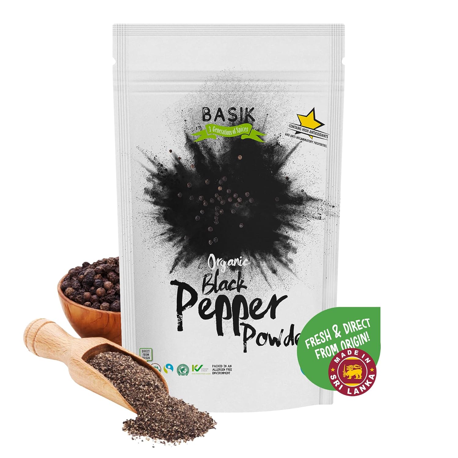 Pimienta negra orgánica en polvo procedente directamente de Sri Lanka, vegana, sin gluten y sin OMG, pimienta negra molida, comercio justo,