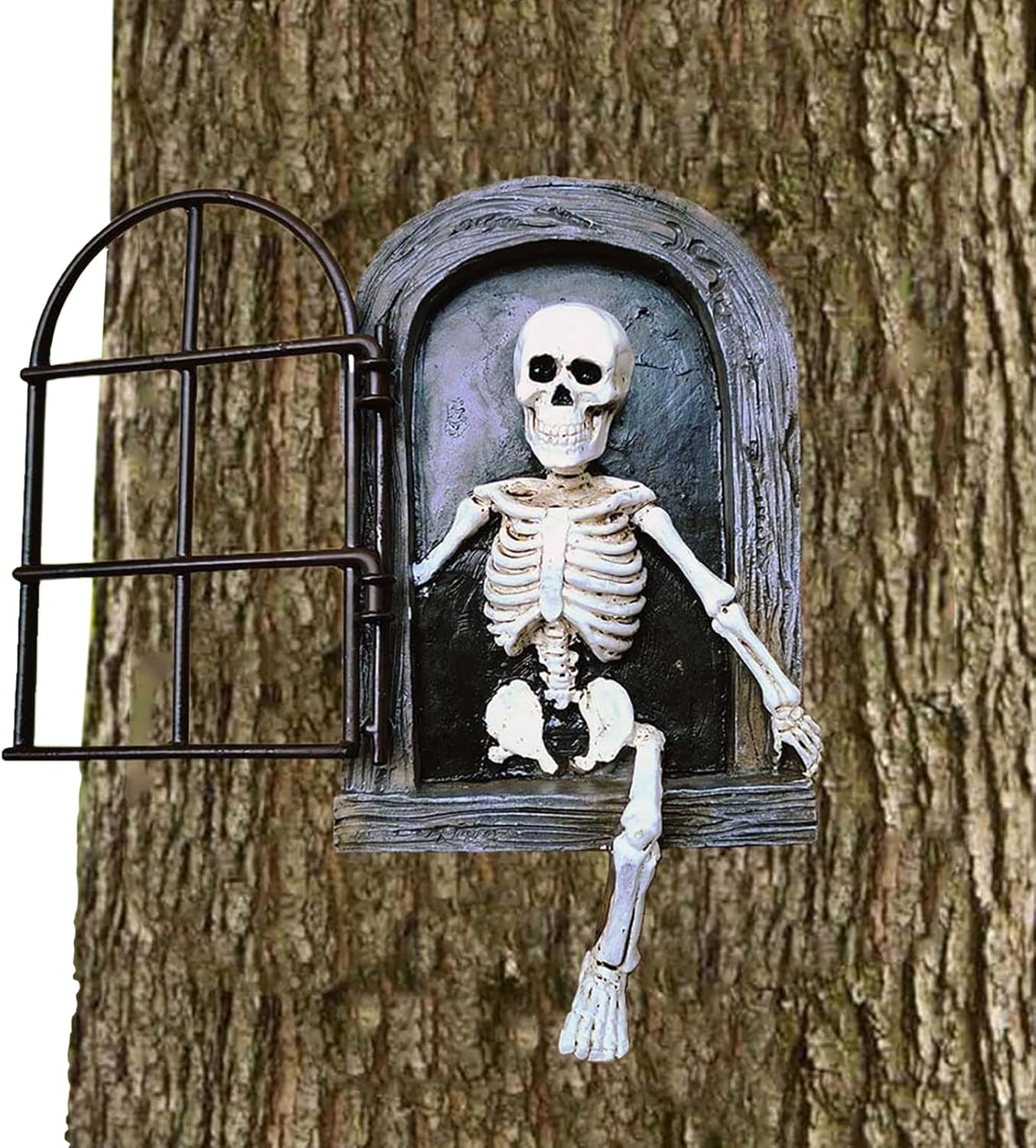Estatua de jardín de esqueleto para puerta, espeluznante esqueleto, decoración de tronco de árbol, divertida decoración de árbol de jardín,