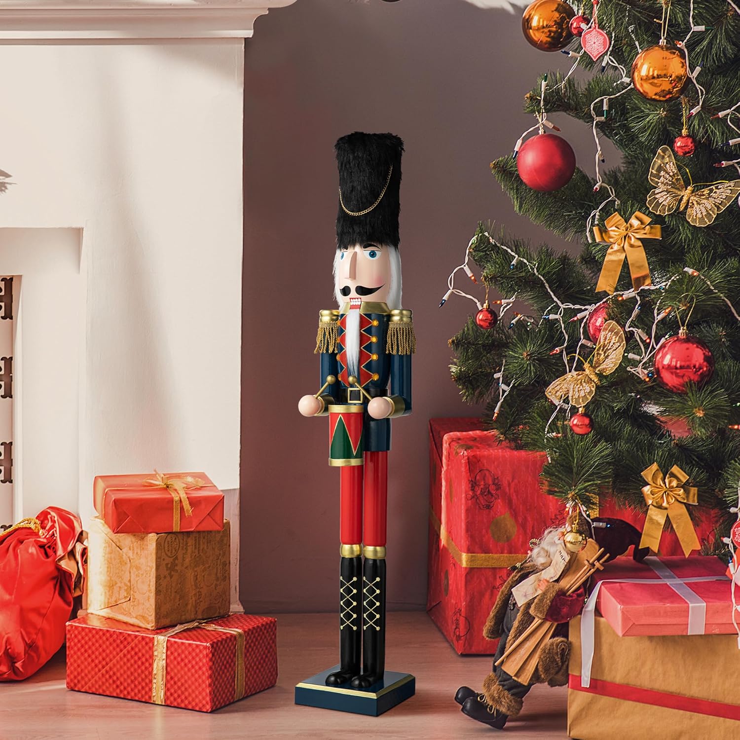 Tambor de cascanueces de madera de 36 pulgadas de alto, novedad de gran tamaño, con sombrero de fieltro para decoración de porche, interior y