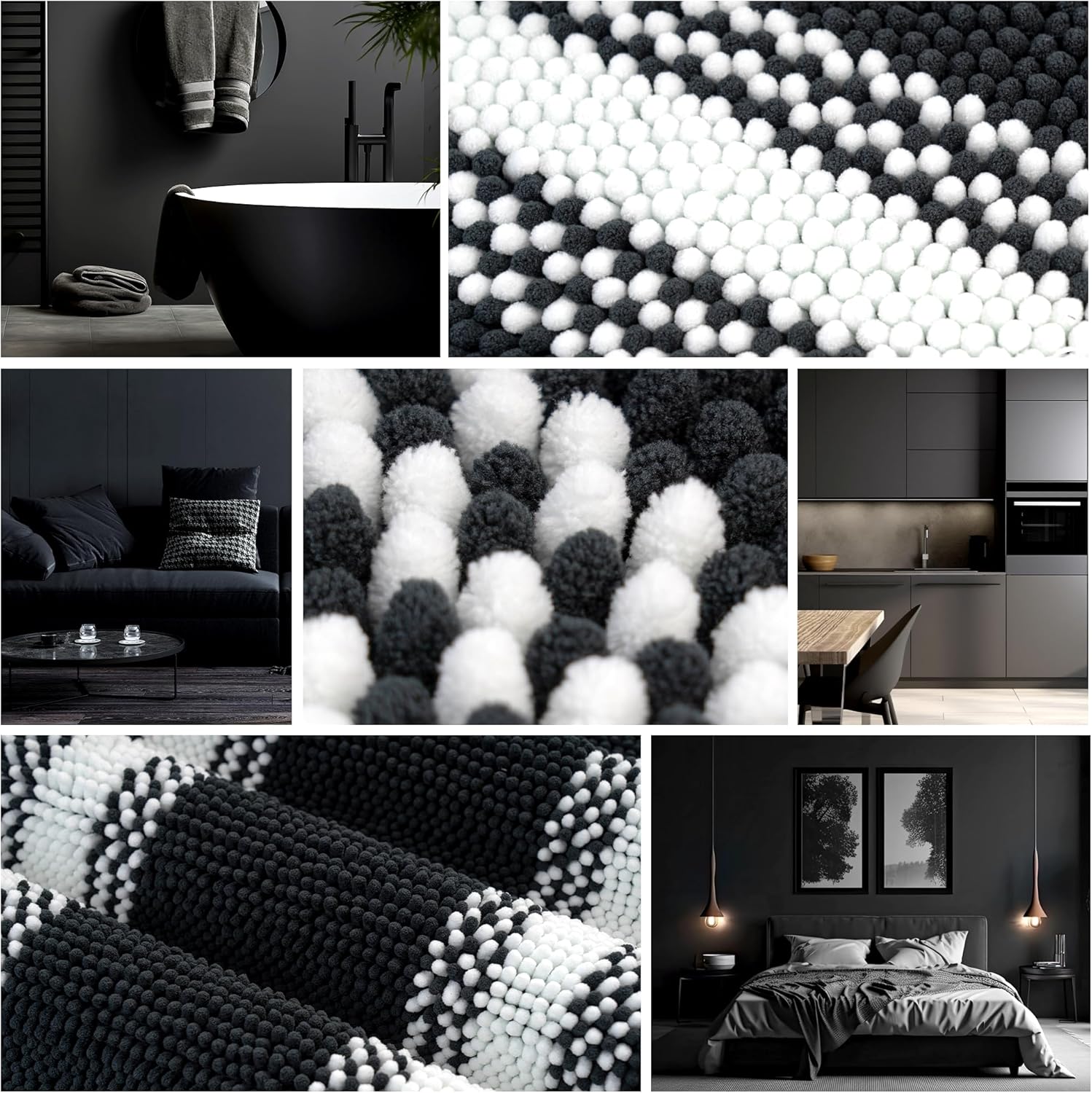 GRANNY SAYS Juego de 2 alfombras de baño antideslizantes, color blanco y negro para suelo de baño, juego de tapetes de baño de felpilla ultra suave,