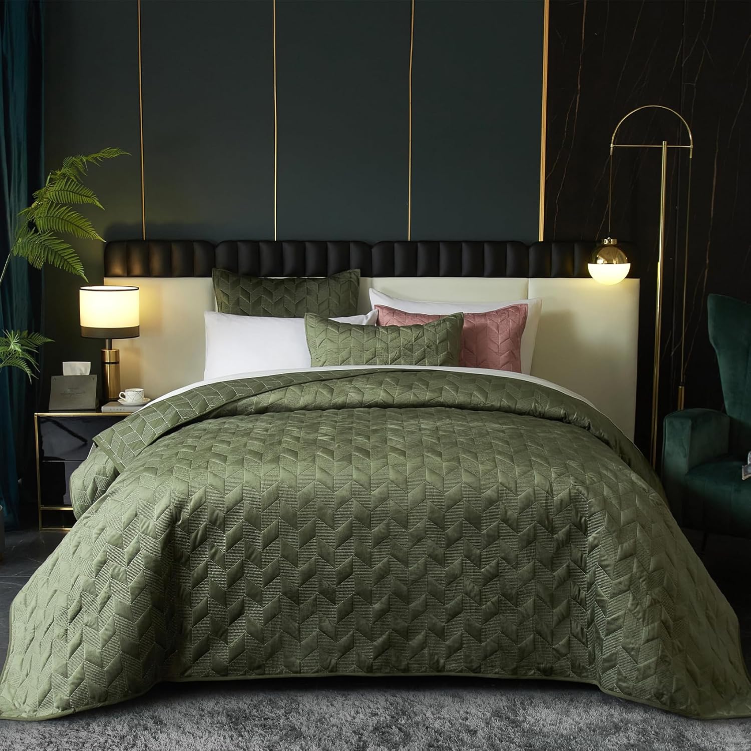 Ivellow Edredón de terciopelo tamaño King, color verde, ligero, reversible, para todas las estaciones, edredón de terciopelo de lujo de 3 piezas con