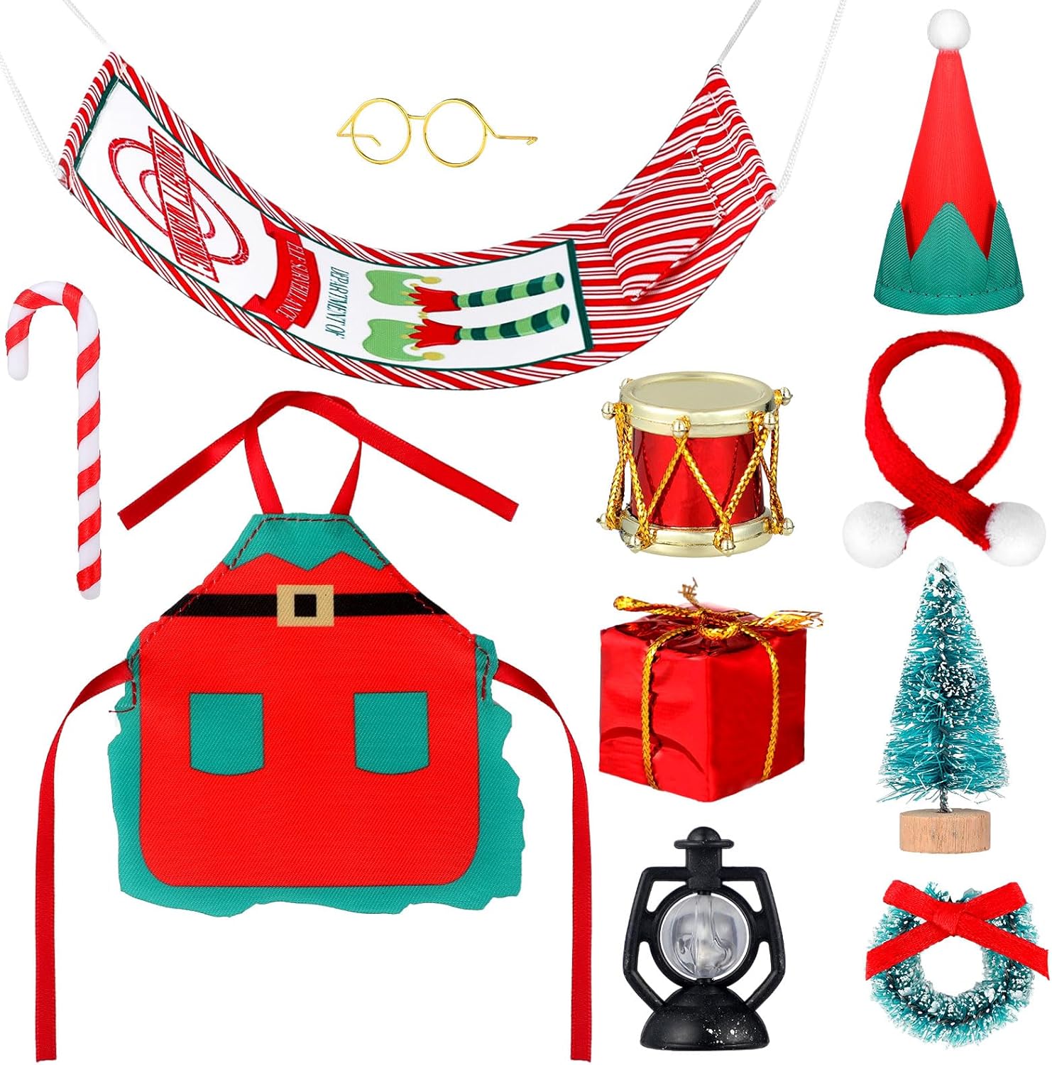 Zhanmai Juego de 10 accesorios de muñeca elfo de Navidad, incluye vasos de caña, guirnalda, hamaca, almohada, farol, delantal, sombrero, caja de