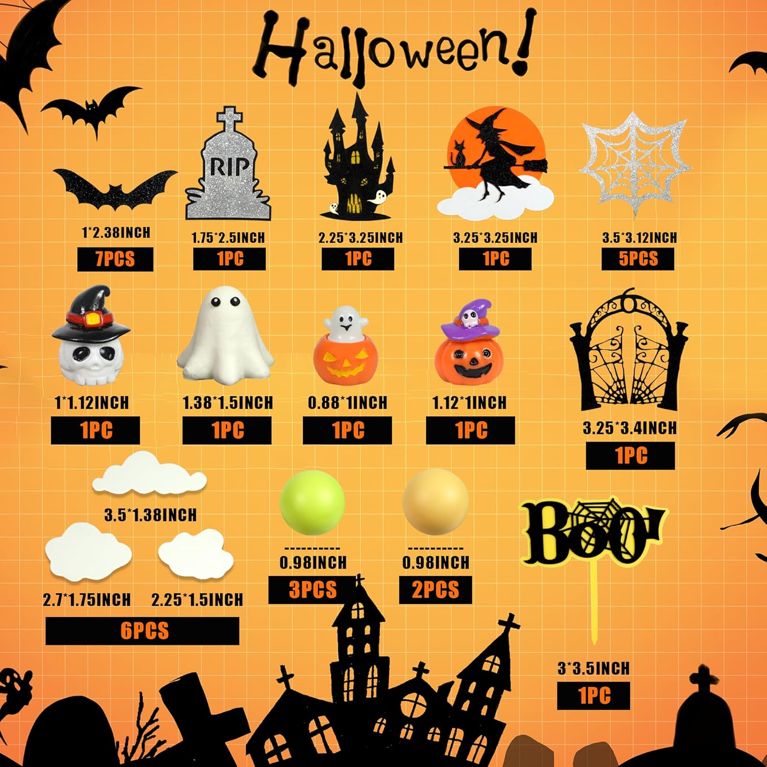Decoración para tartas de Halloween, calabaza, fantasma, cabeza de cráneo, castillo de araña, decoración de pastel de bruja, decoración de pasteles