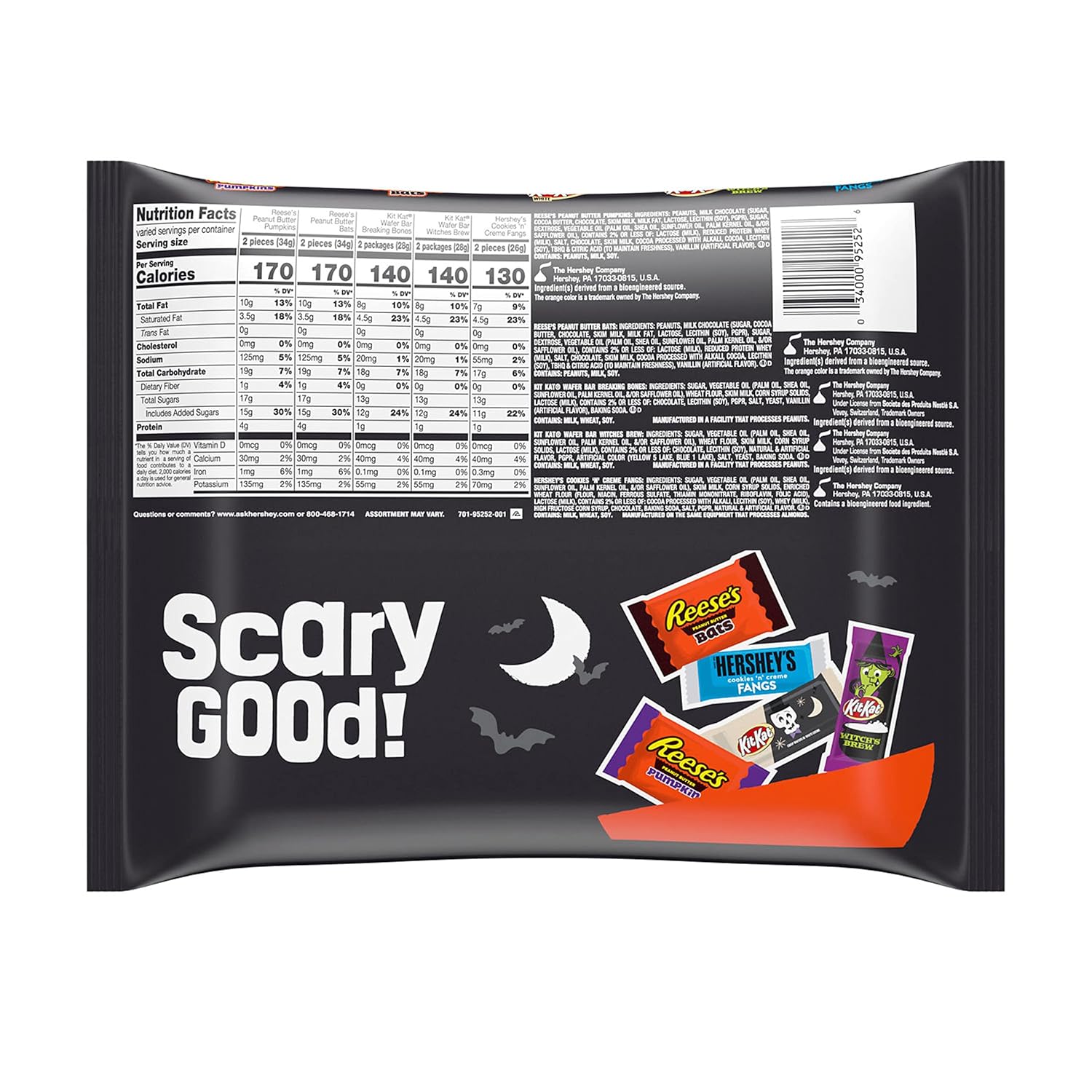 REESE’S, HERSHEY’S and KIT KAT Surtido de sabores de chocolate y crema, bolsa de dulces de Halloween, 22.55 onzas (45 piezas)