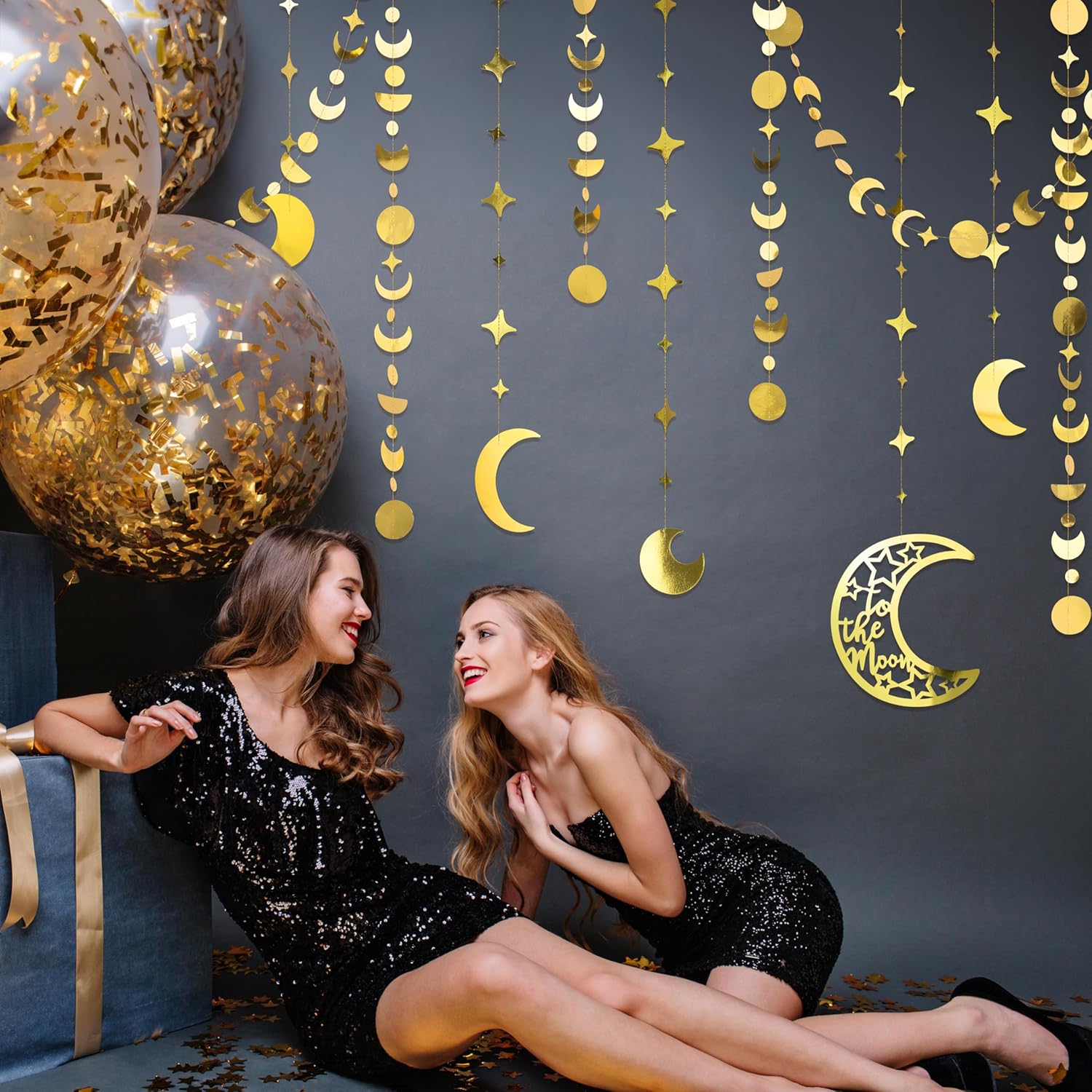 Cheerland Guirnalda dorada de aluminio con forma de estrella y luna, pancarta colgante de fase lunar bohomiana, decoración de fondo para decoración
