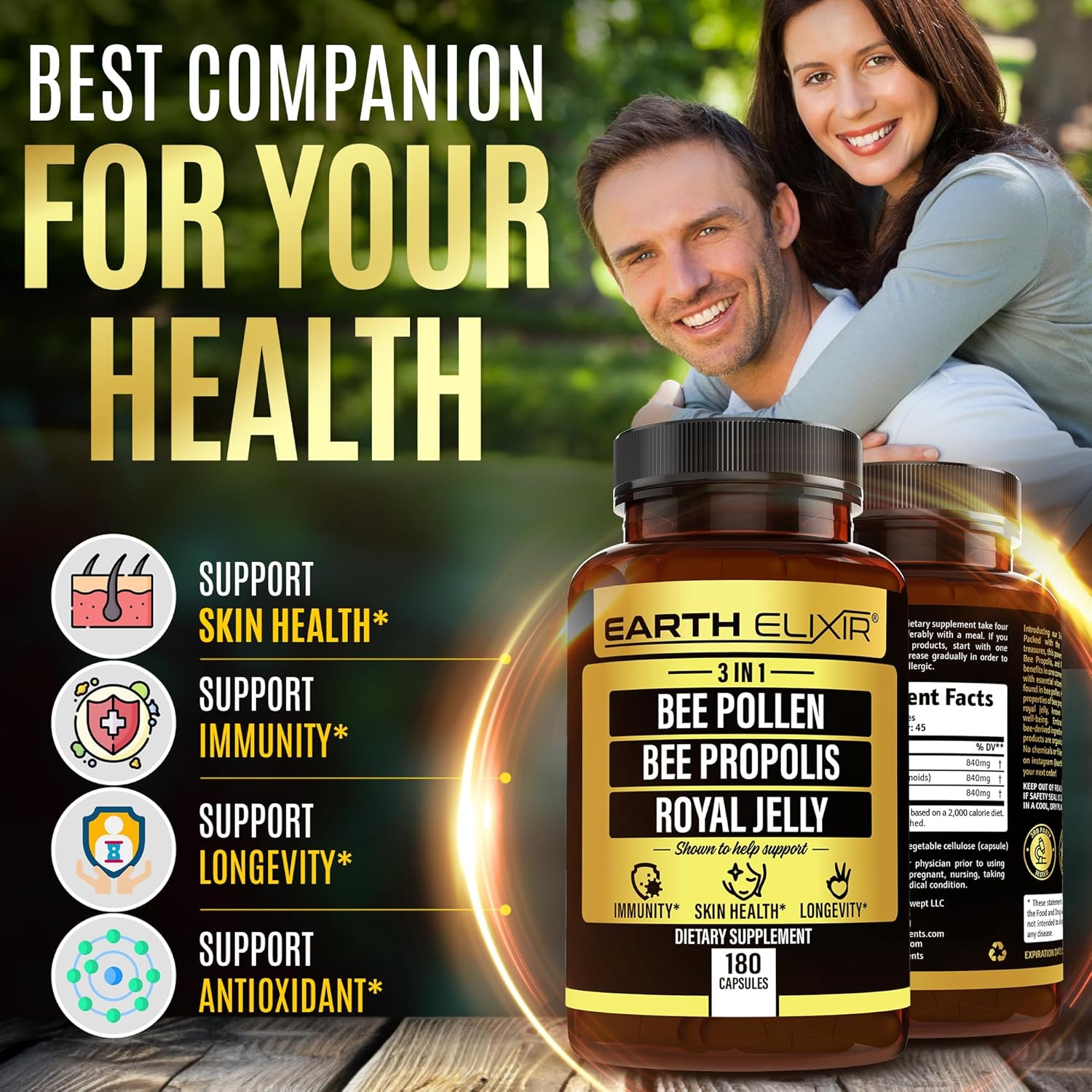 Polen de abeja orgánico 3 en 1 de 1000 mg (180 cápsulas) con cápsula de abeja de 1000 mg y cápsula de jalea real de 1000 mg – Hecho en Estados