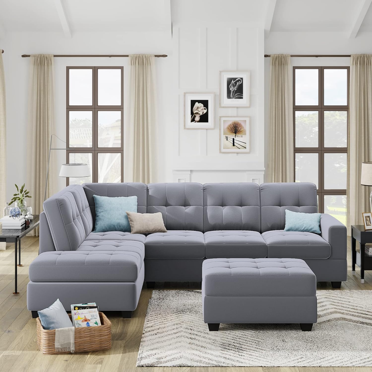 Sofá modular modular, muebles de sala de estar modernos con diván reversible, sofá tapizado de terciopelo en forma de L con otomana de