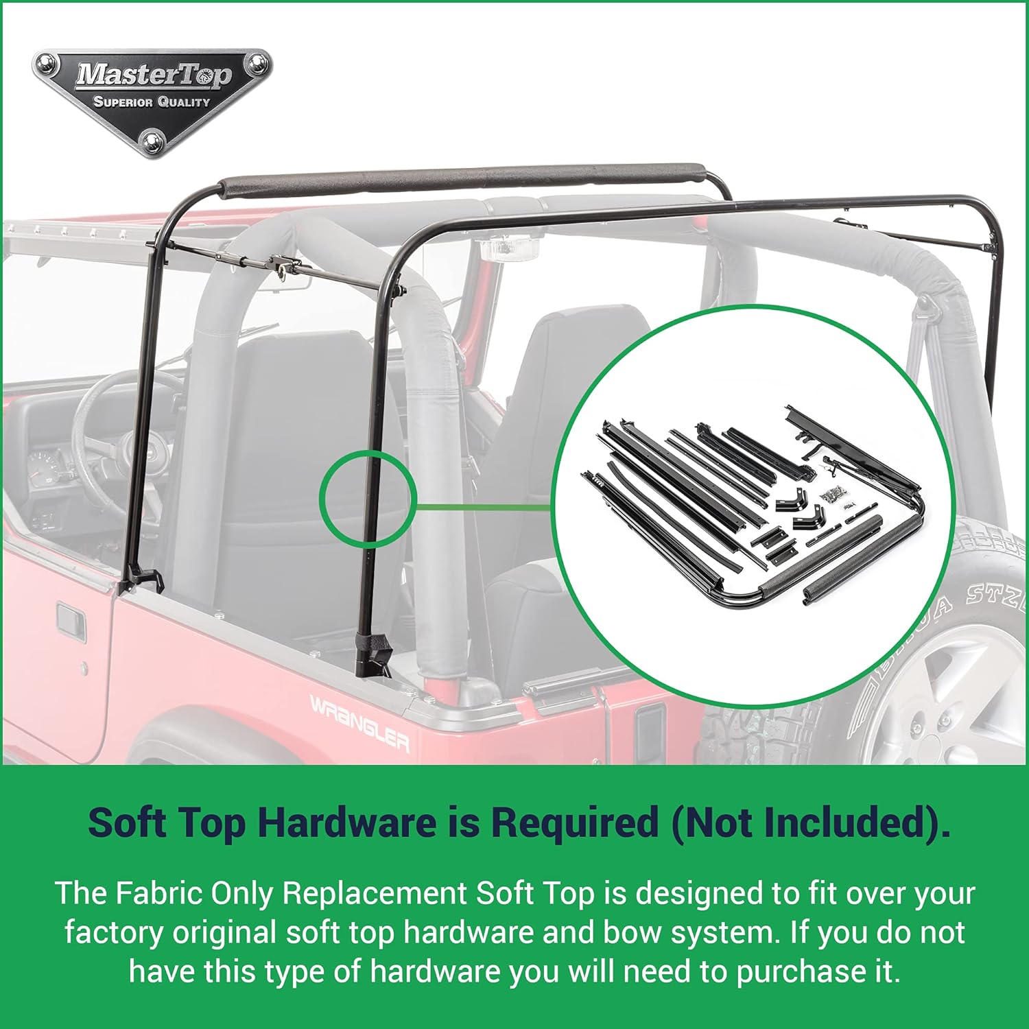 MasterTop Parte superior suave de repuesto en tela de vela de diamante negro  Se adapta a Jeep YJ Wrangler 1988-1995  Ventanas reemplazables