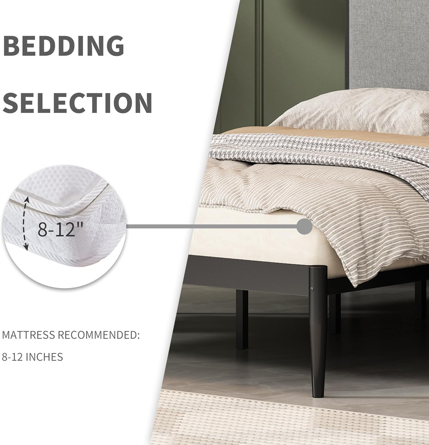 YUHUASHI Base de cama de metal con plataforma, diseño simple, cabecera curvada cubierta de lino, marco y pie de metal, fácil de montar y silencioso