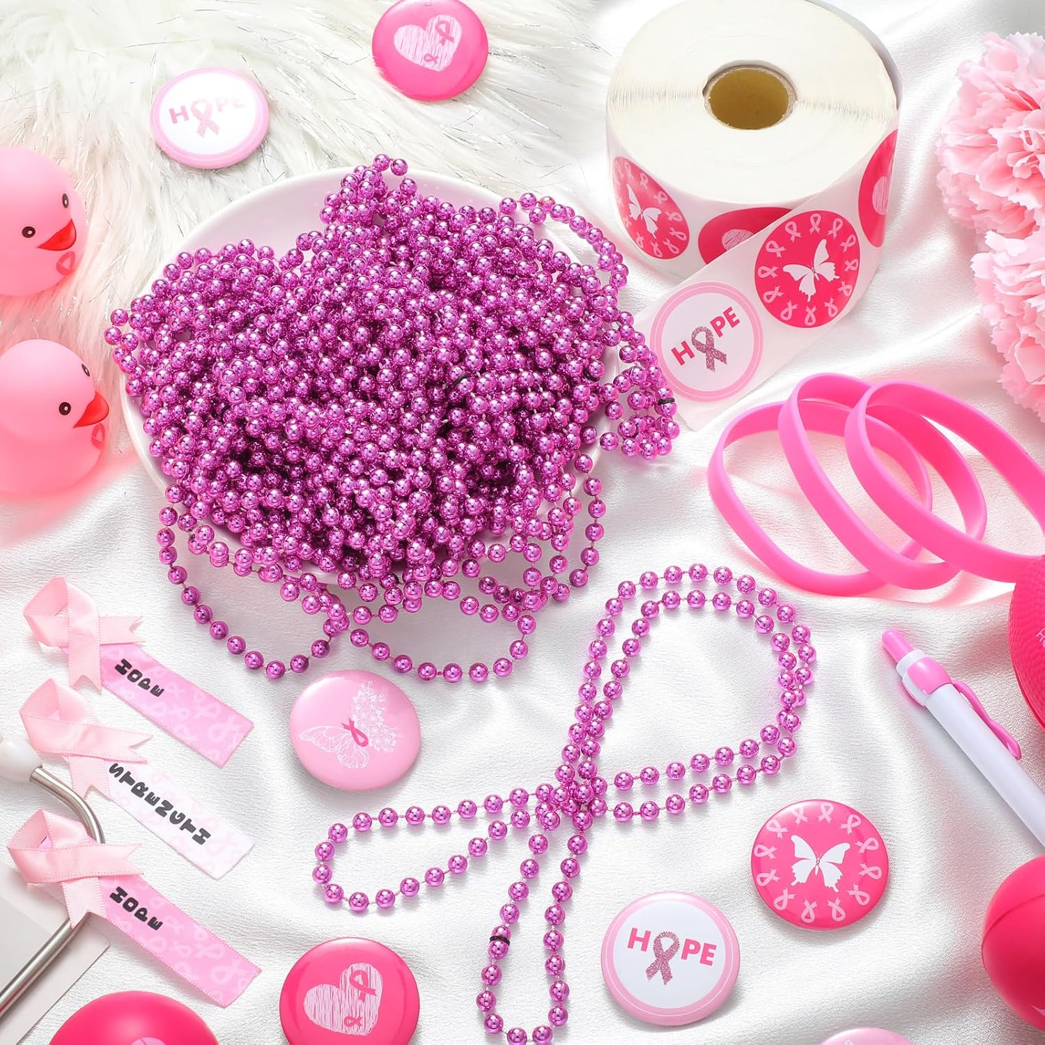 161 piezas de accesorios de concientización sobre el cáncer de mama, incluye cinta rosa, patos de goma, pulsera de silicona, pulsera de goma,