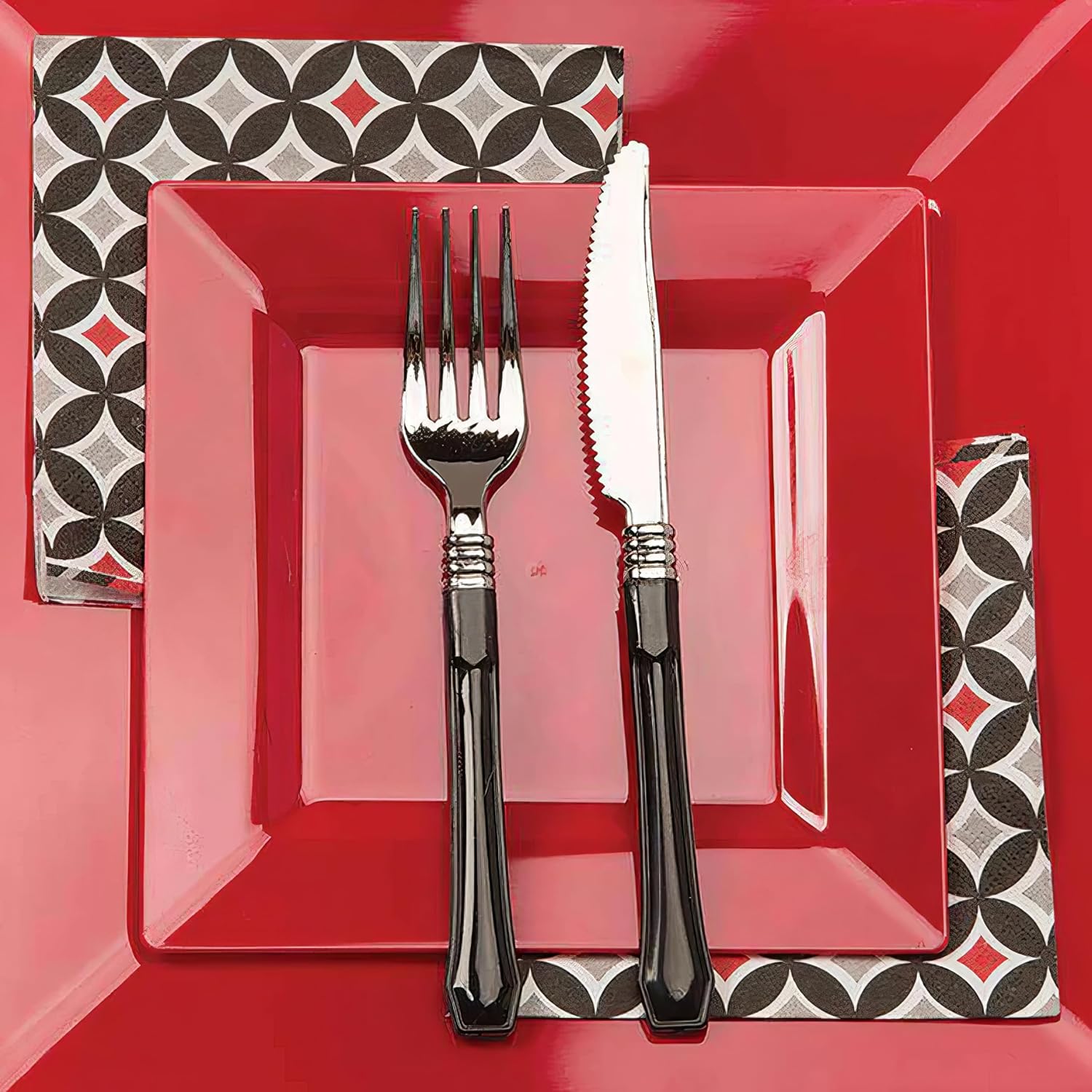 Elegantes platos llanos cuadrados rojos, 9.5 pulgadas (paquete de 10), perfectos para bodas, fiestas de cumpleaños, festivales y más