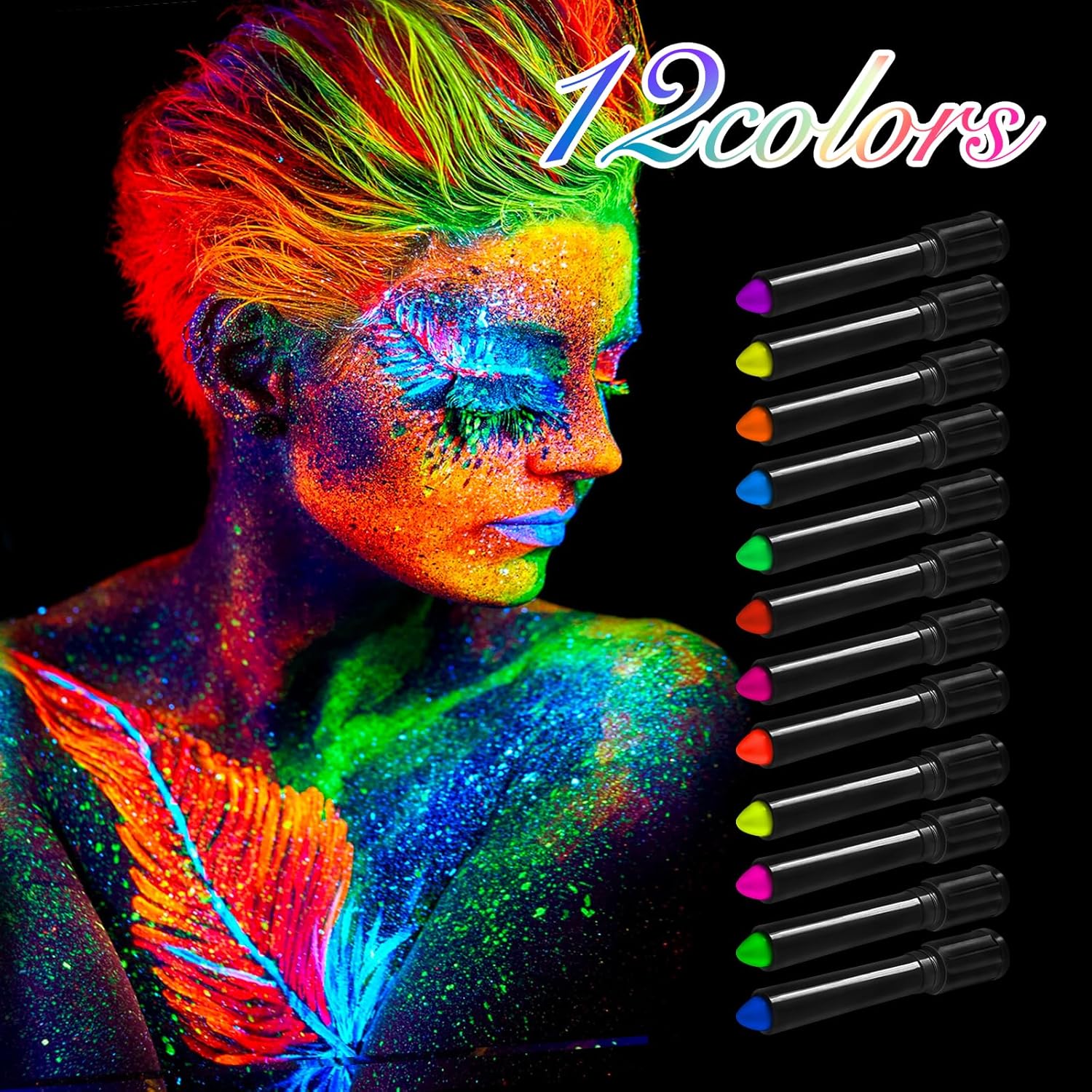 Kleeblatt Pintura corporal que brilla en la oscuridad, 12 lápices de pintura facial UV, pintura corporal neón, kit de pintura facial para fiestas de