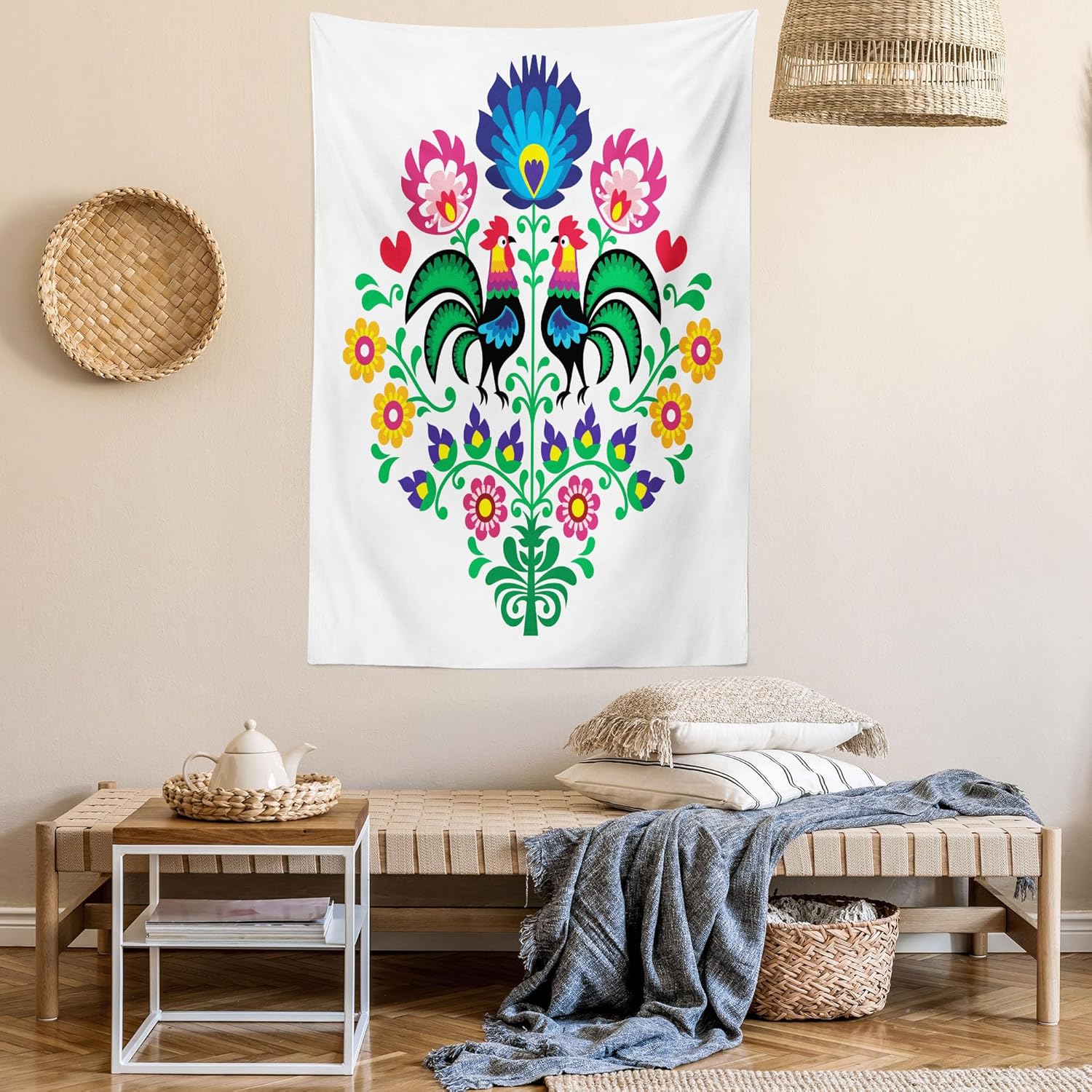 Lunarable Tapiz Gallus, patrón pulido con gallos para jardín, feliz moda, celebración, primavera, eslava, Polonia, decoración para colgar en la