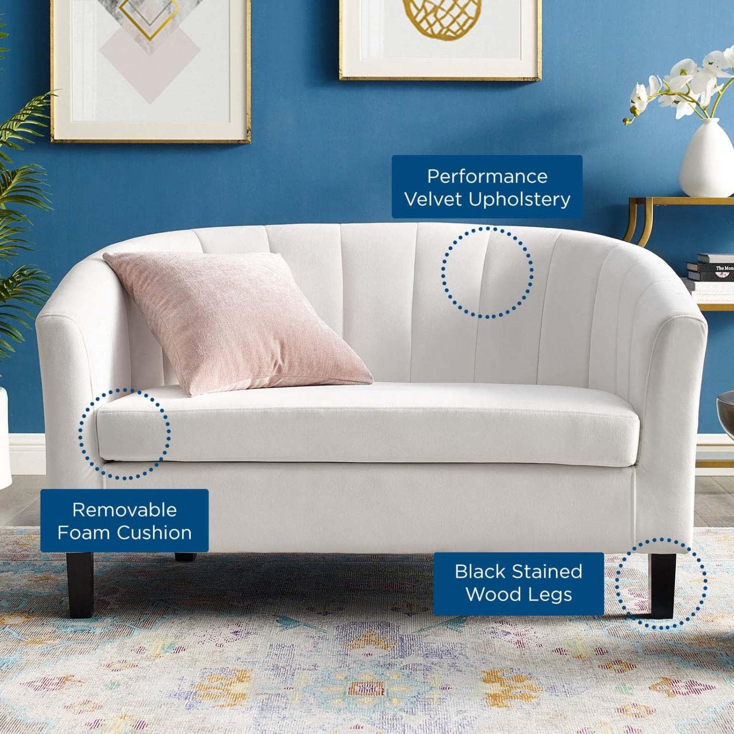 Modway Prospect Channel – Sofá biplaza tapizado de terciopelo, color blanco