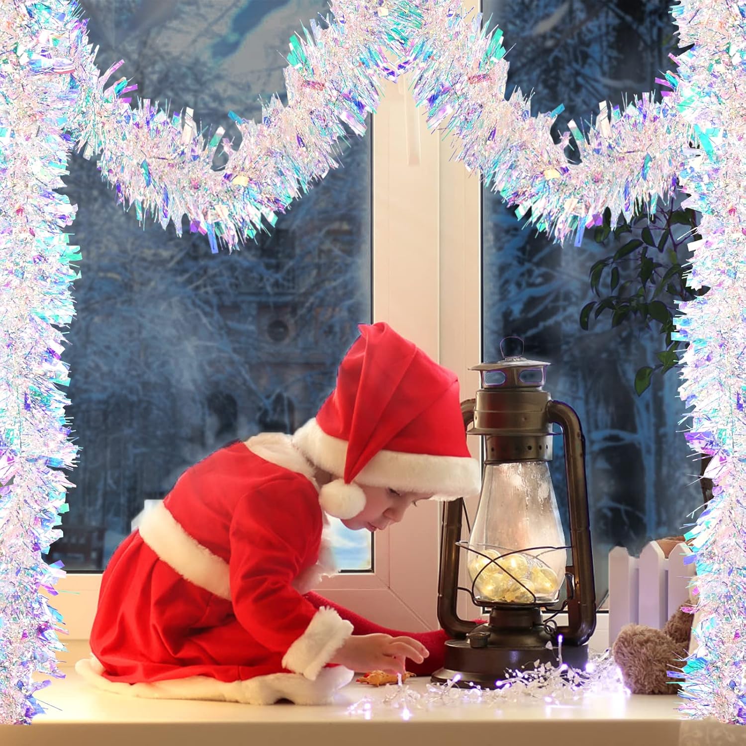 Guirnalda de oropel de Navidad de 20 pies  19.7 ft, guirnalda colgante metálica iridiscente para árbol de Navidad, chimenea, chimenea, decoración