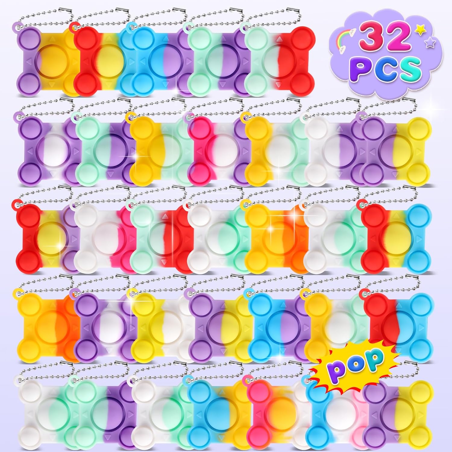 Paquete de 32 juguetes para ansiedad pequeños y grandes para reventar, recuerdos de fiesta, juguetes sensoriales de silicona para apretar, juguetes