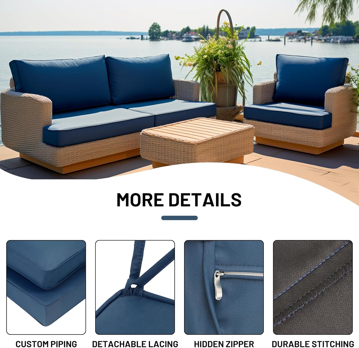 Lokex Cojines para muebles de patio, tamaño personalizado, duraderos e impermeables, cojines de asiento profundo para patio, doble tubería, cojín