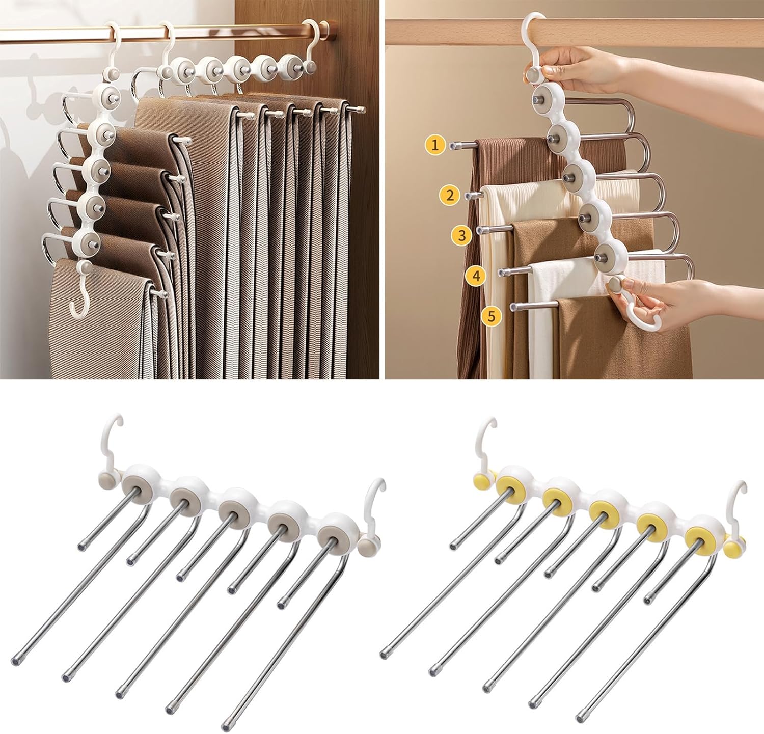 Worparsen Rotatable Tie Organizer Foldable Pants Hanger Hanging Space Saving Holder Trousers Storage Shelf Closet Organizer Yellow
