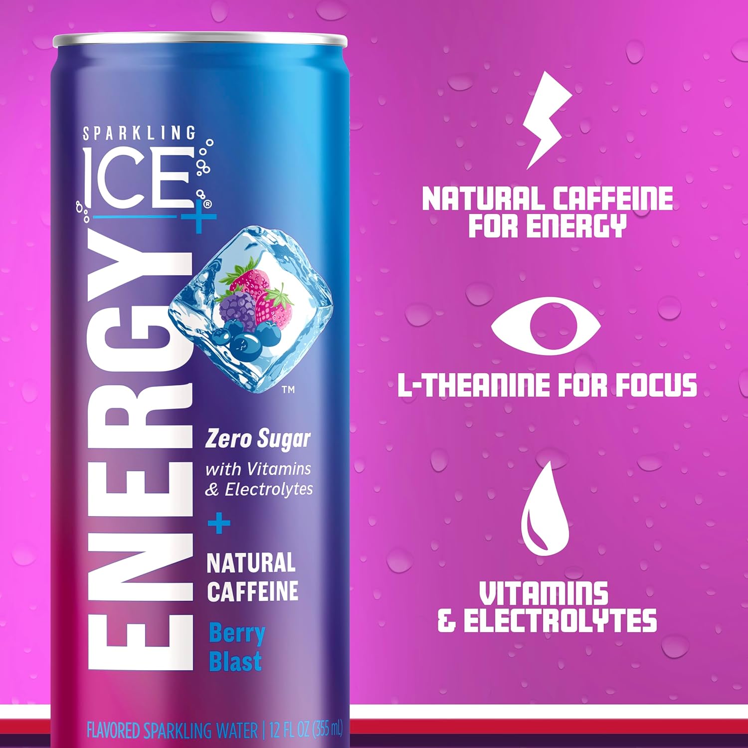 Sparkling Ice +ENERGY – Agua con gas Berry Blast. Bebidas energéticas con vitaminas y electrolitos, cero azúcar, latas de 12 onzas líquidas (paquete