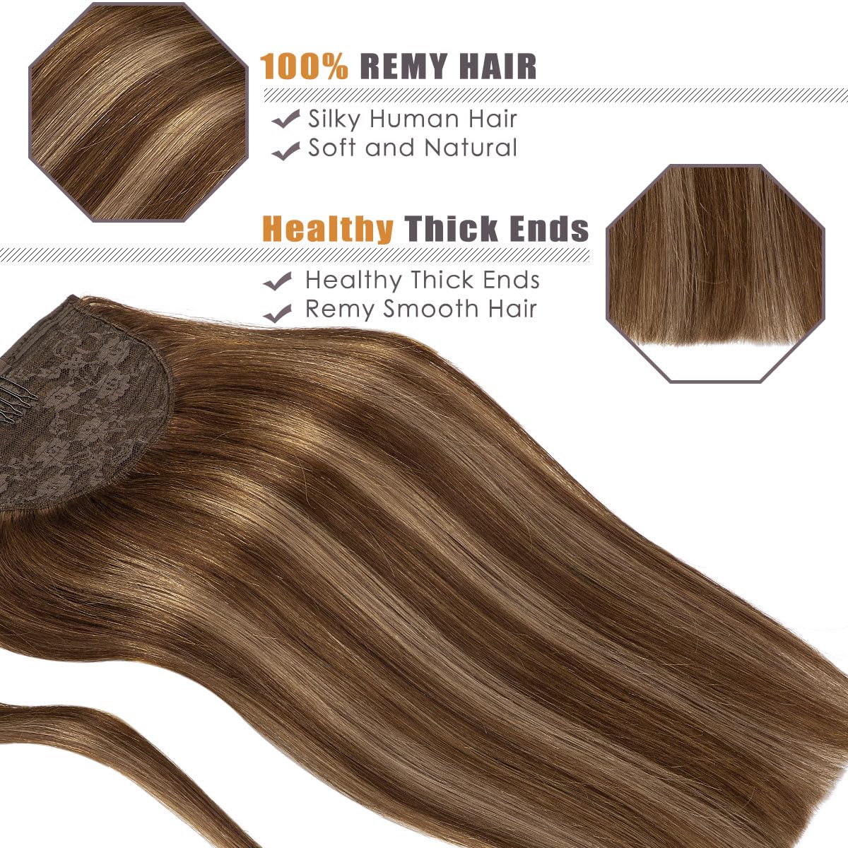 Lacer Extensiones de cabello humano real con cola de caballo larga, color marrón chocolate a castaño de 20 pulgadas, cabello humano envolvente,