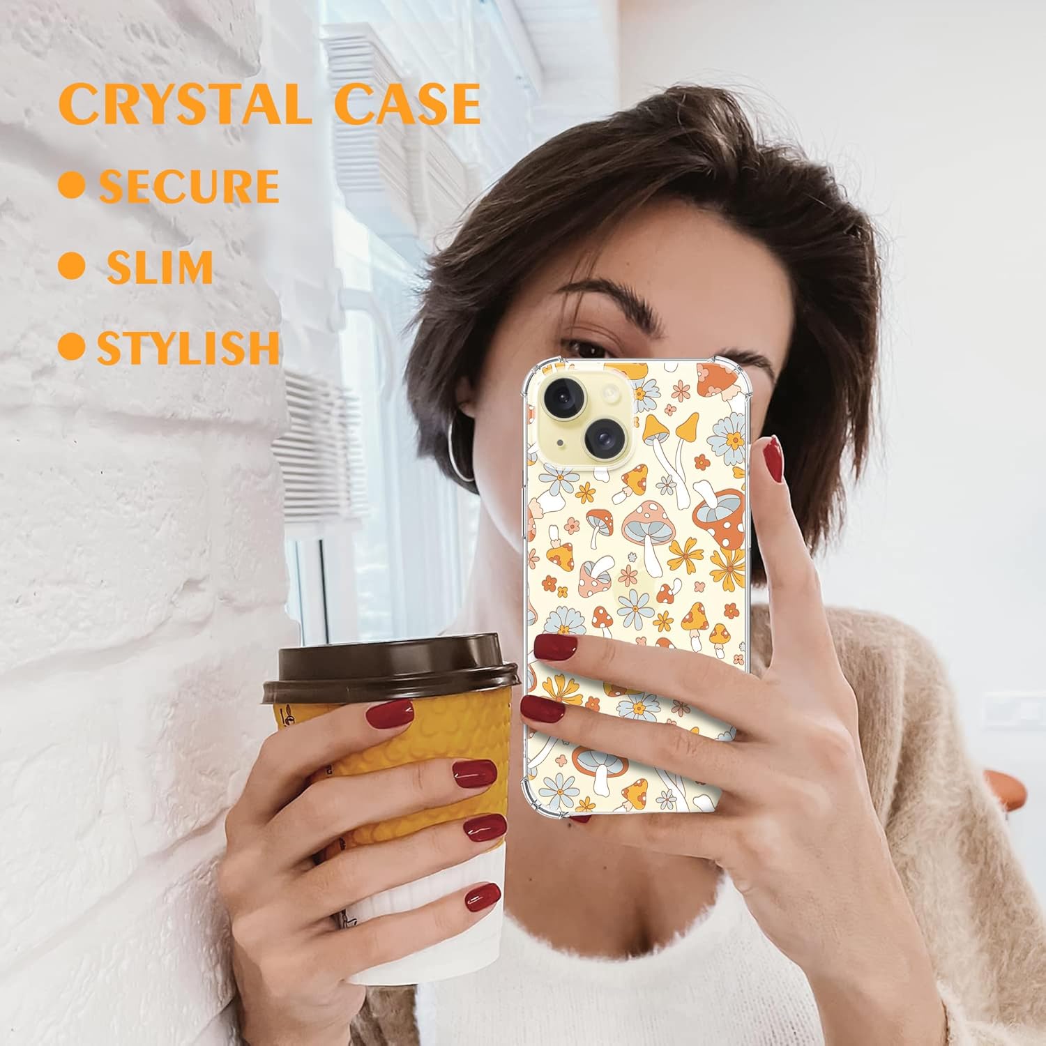 Funda transparente con diseño floral de hongos hippie retro diseñada para iPhone 15, diseño bohemio de hongos y flores, a la moda para niñas y