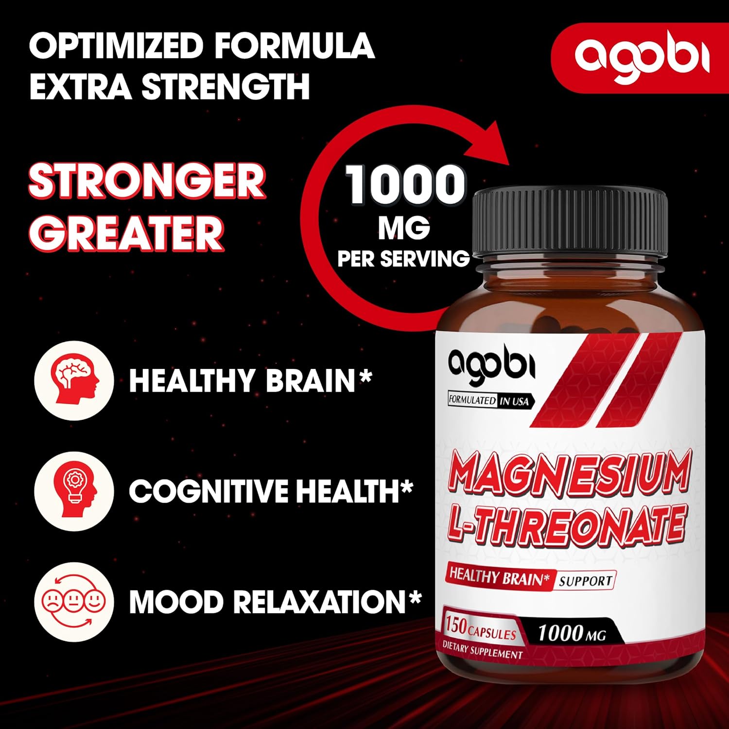 Suplemento L-treonato de magnesio de 1000 mg – 150 píldoras – Fórmula concentrada de fuerza – Sin gluten, sin OMG
