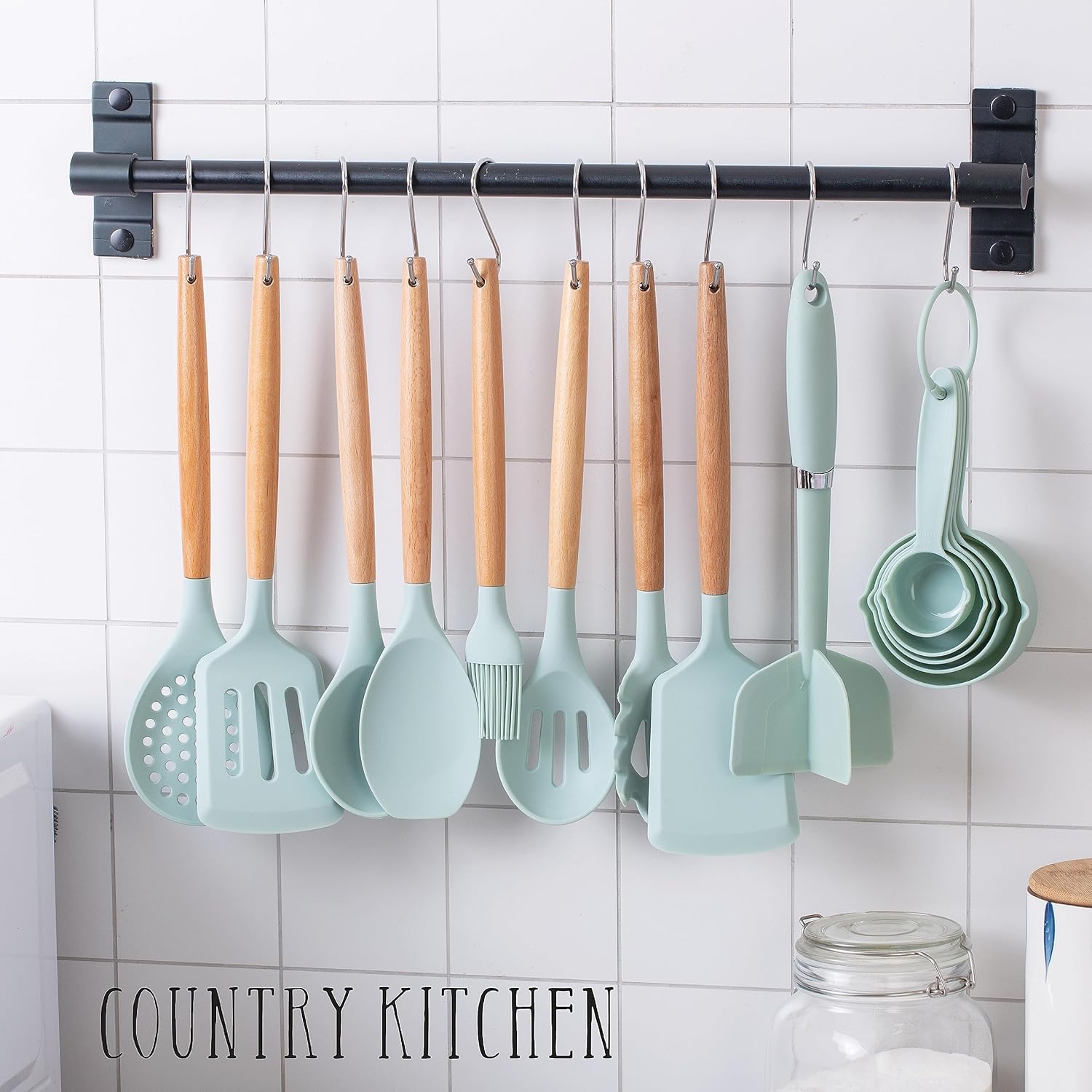 Country Kitchen Juego de utensilios de cocina  Juego de 38 espátulas de silicona antiadherentes con soporte, asas de madera y utensilios resistentes