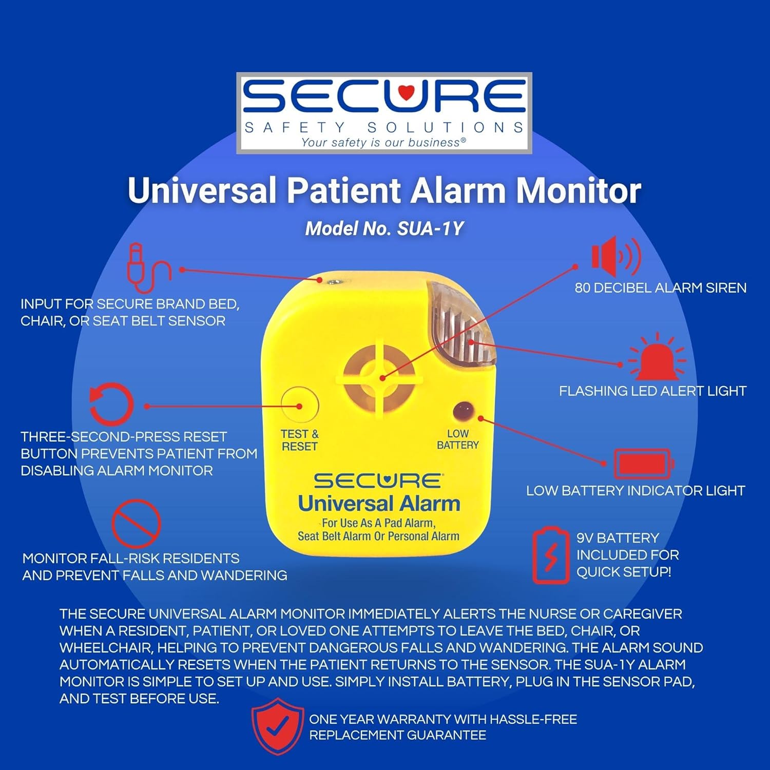 Alarma de cama segura para adultos mayores, almohadilla de sensor de presión de cama de 12 x 30 pulgadas, monitor de alarma para pacientes de 80 db,