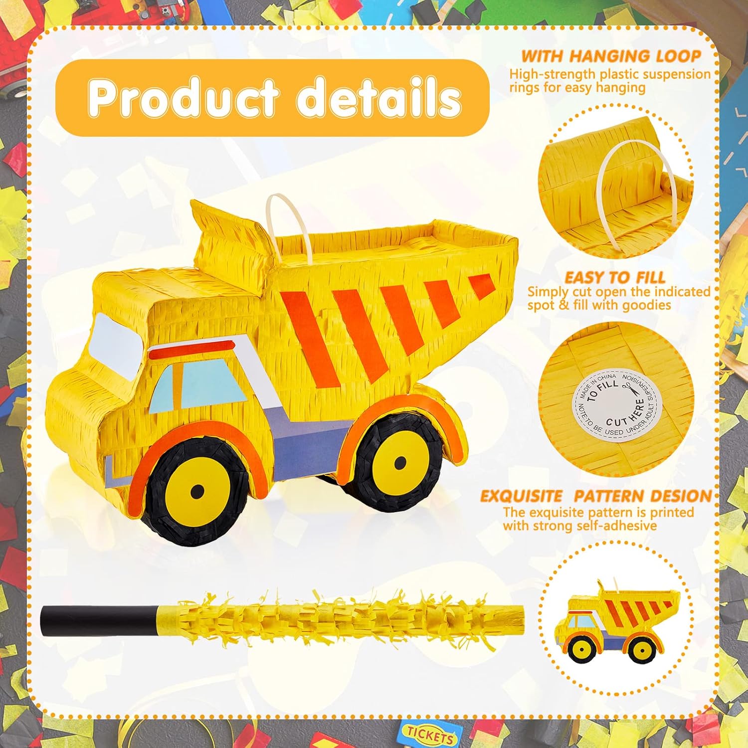 Piñata de camión volquete para niños, suministros de fiesta de cumpleaños, recuerdos de fiesta de construcción, palito de piñata y confeti vendado